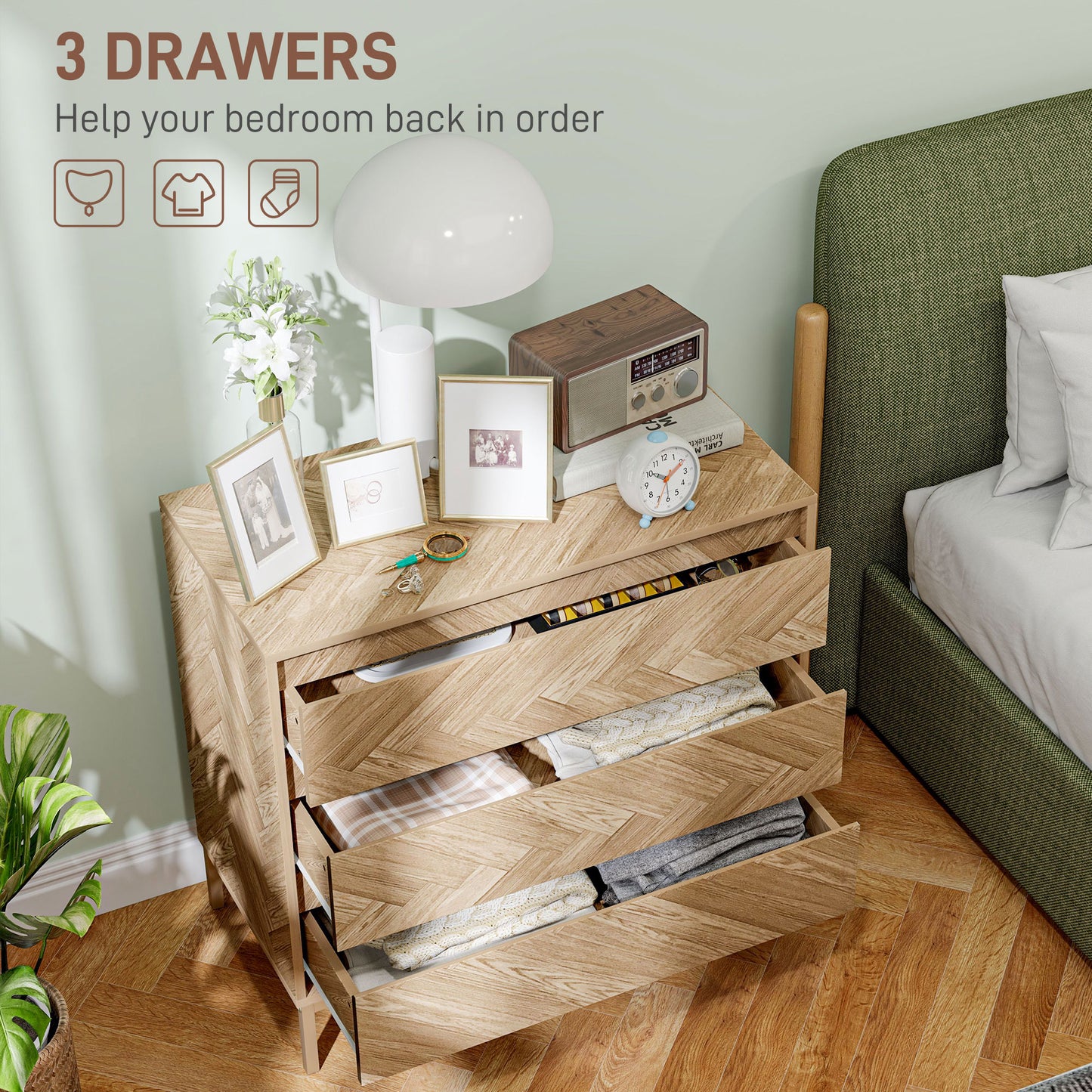 HOMCOM Bedroom Chest of Drawers with Anti-tipping Design, Storage Cabinet with 3 Drawers for Living Room, Hallway, Nature Wood