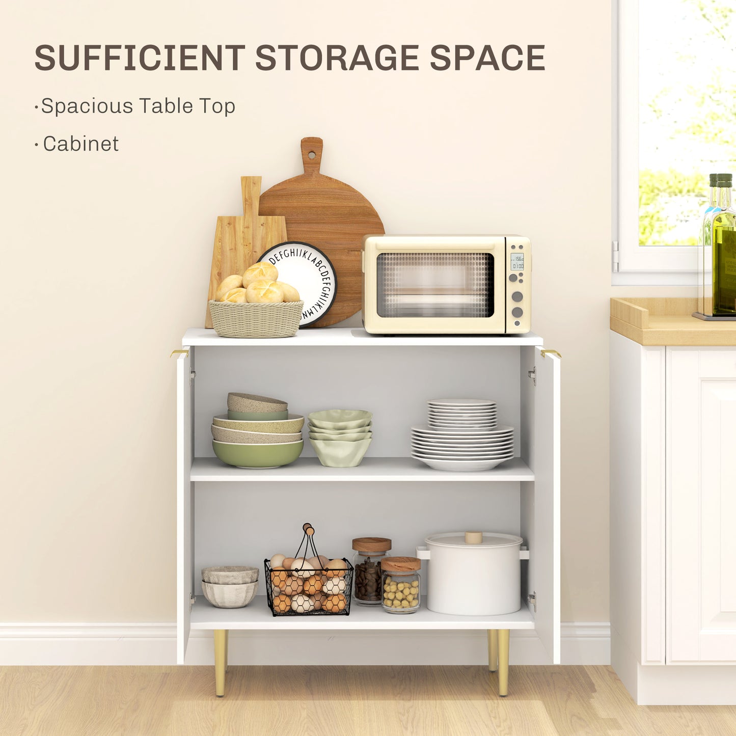 HOMCOM Modern Kitchen Storage Cabinet, Sideboard Buffet Cabinet with Adjustable Shelves and Metal Legs for Kitchen, White