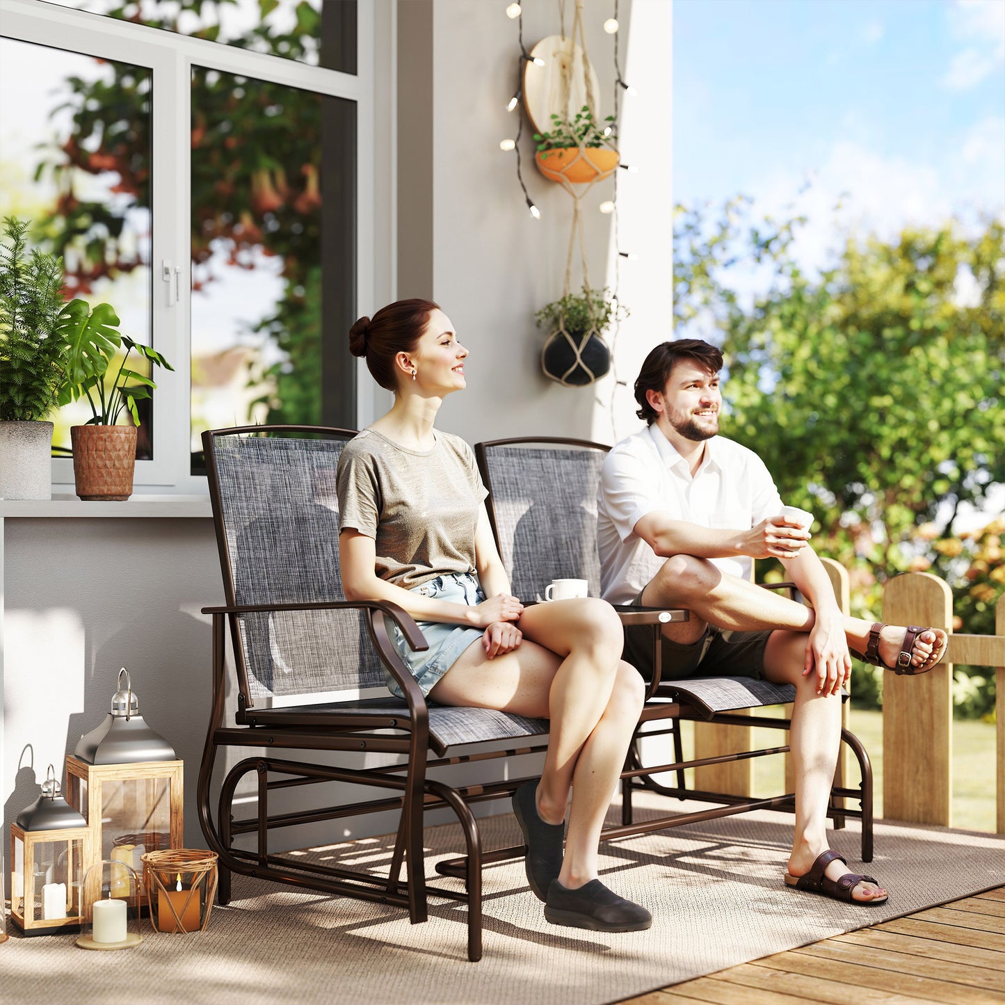 Outsunny Patio Glider Rocking Chair 2 Person Outdoor Loveseat Rocker Garden Furniture Bench, Grey