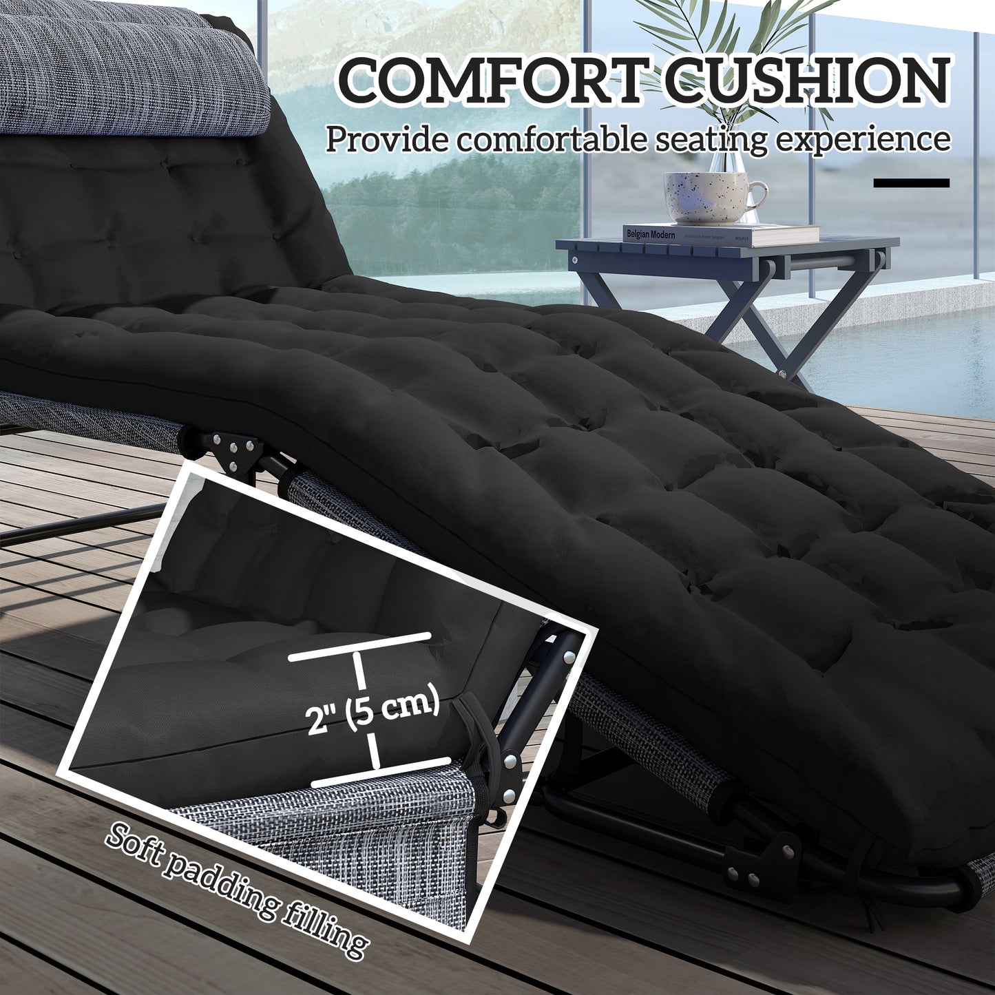 Outsunny 2-Piece Folding Lounge Chairs with Adjustable Backrest, Tanning Chair with Cushion, Side Pocket, Headrest, Grey