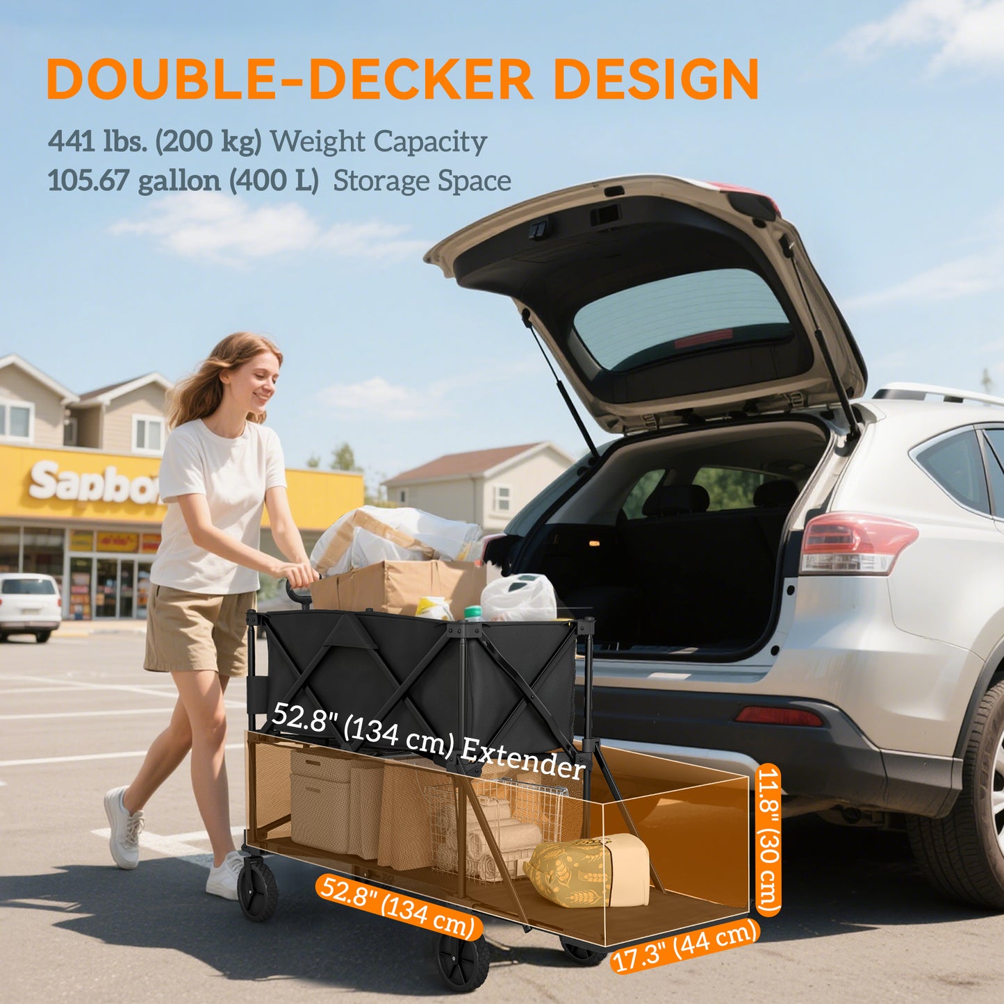 Outsunny Double Decker Folding Wagon Cart, 450LBS & 350L Capacity Collapsible Garden Cart for Camping Sports Shopping and Beach