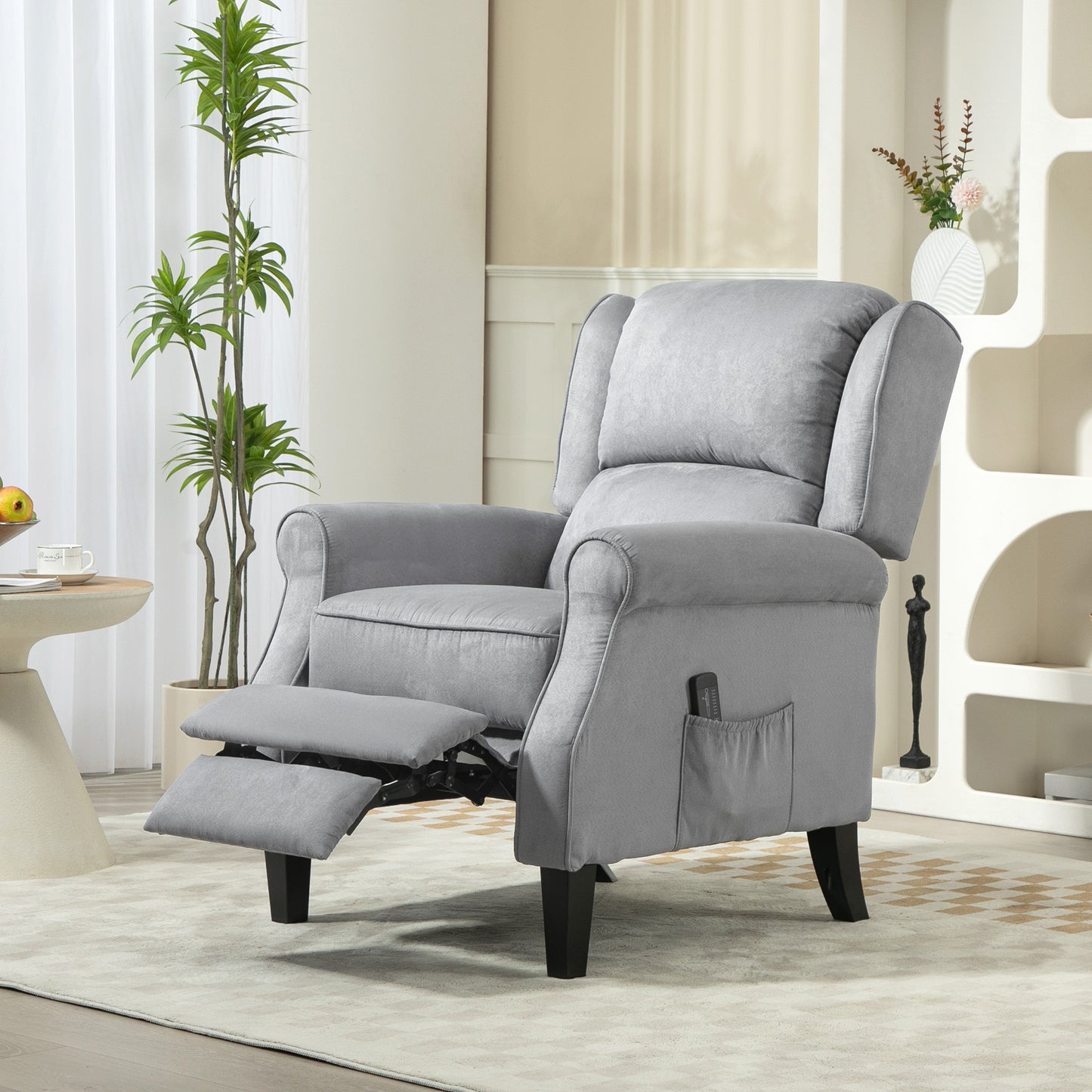 HOMCOM Massage Recliner Chair for Living Room, Push Back Recliner Sofa, Suede Wingback Reclining Chair with Extendable Footrest, Wood Legs, Remote Control, Side Pockets, Black