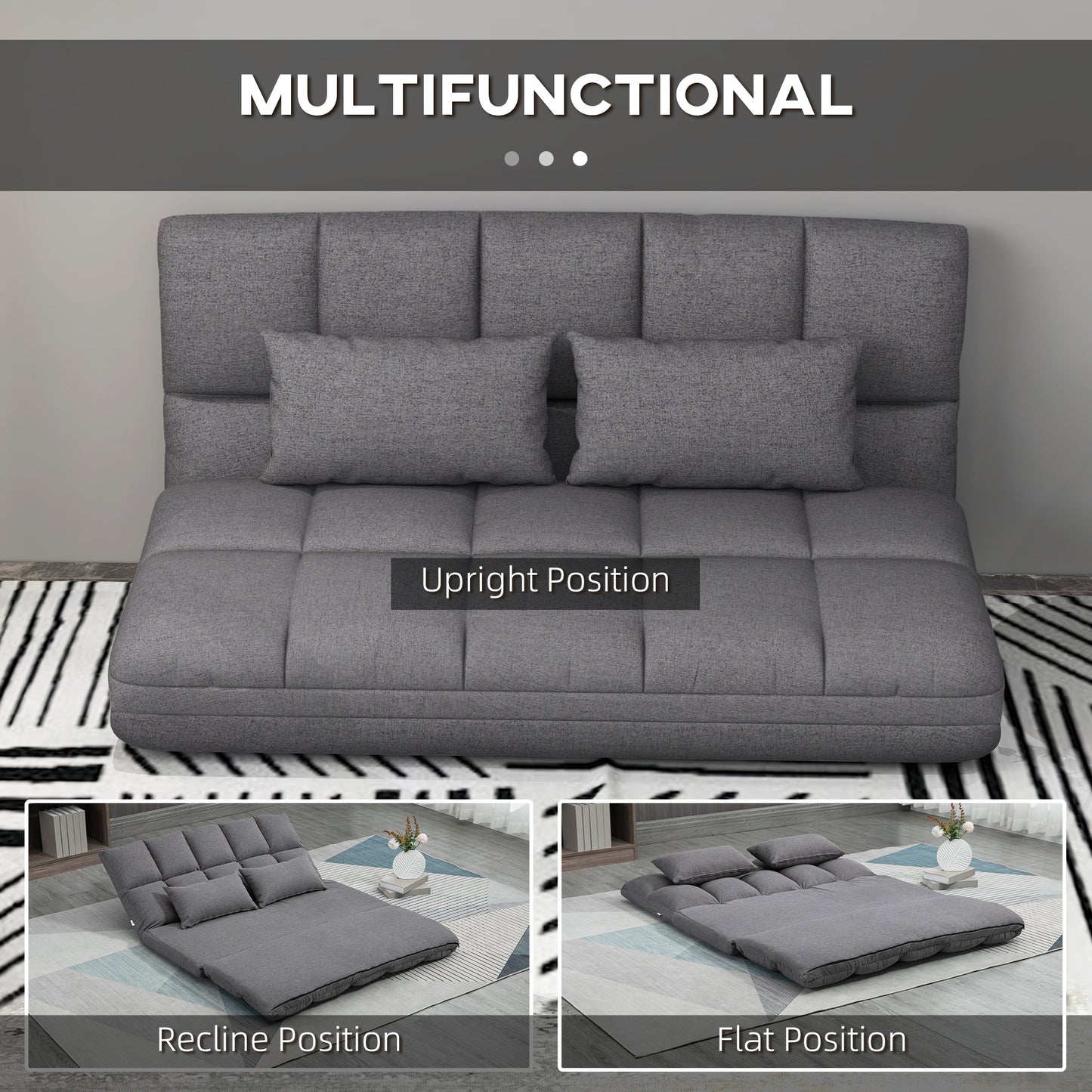 HOMCOM 51" Folding Floor Sofa, Foldable 2-Seater Lazy Sofa Sleeper Bed, Adjustable Linen Floor Couch with 9-position Backrest, 2 Pillows and Wide Seat for Living Room, Grey