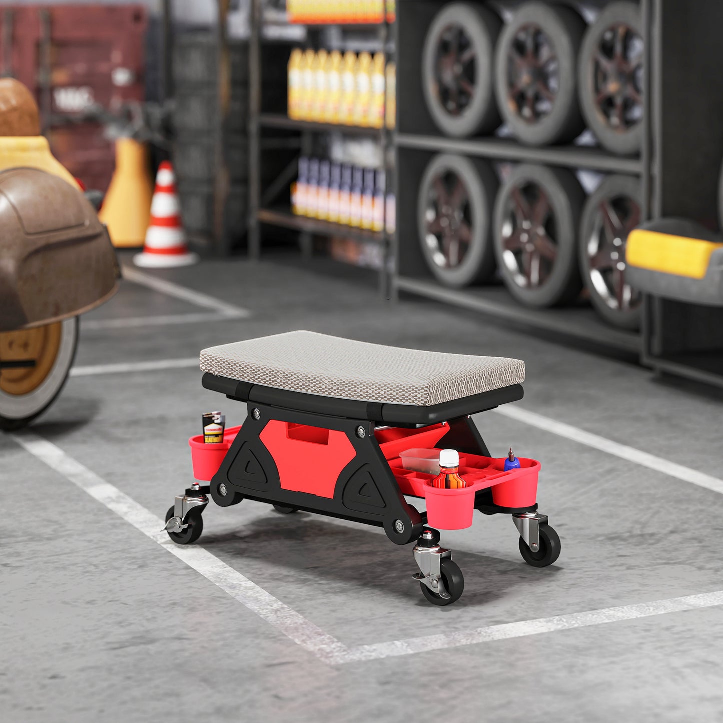 HOMCOM Rolling Garage Stool, 300 LBS Capacity Padded Mechanic Stool with 2.5" Wheels, Adjustable Height 15" -19.7", Red