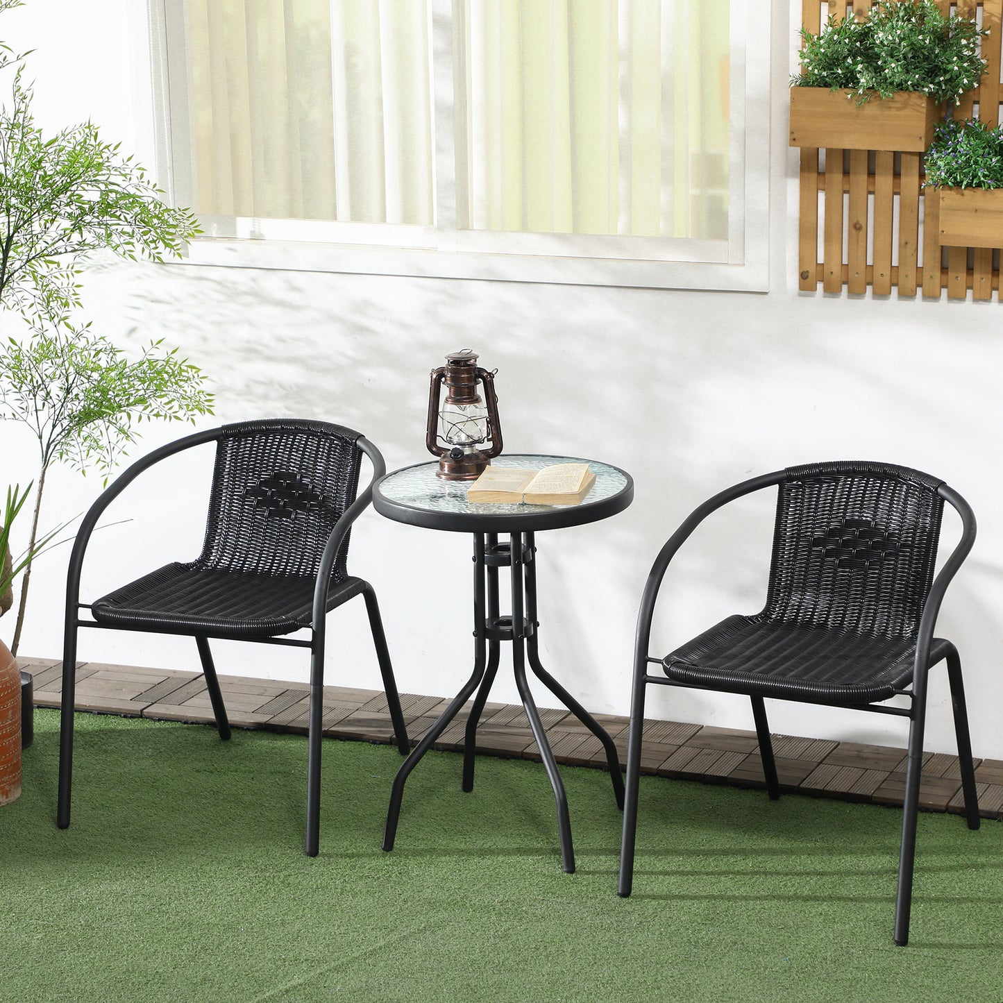 Outsunny 3 Pieces Outdoor Wicker Furniture Set with 2 Stackable Chairs, Tempered Glass Coffee Table for Garden, Backyard, Black