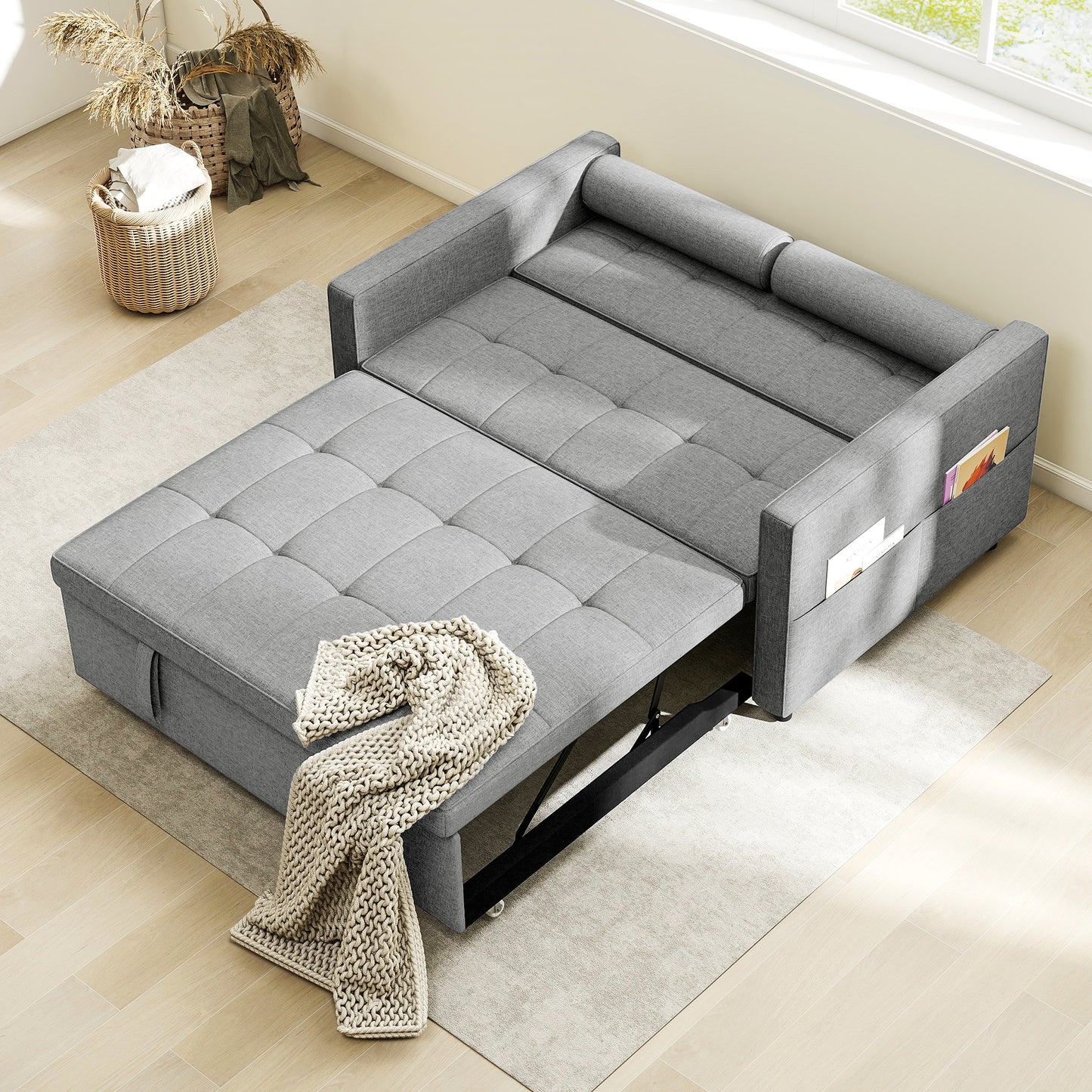 HOMCOM Pull Out Sofa Bed, Sleeper Sofa Couch with USB‑A+C, Small Linen Loveseat Futon Couch for Living Room, Grey