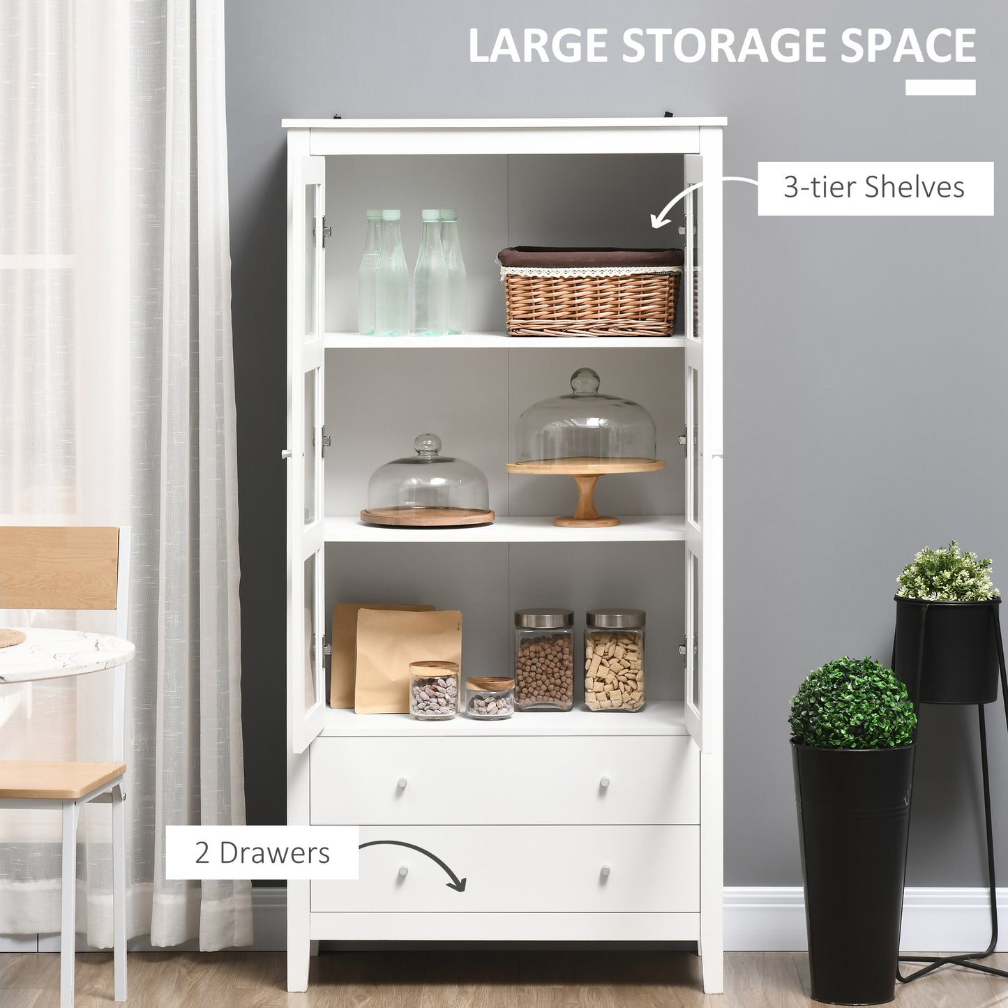 HOMCOM Kitchen Pantry Cabinet, Freestanding Storage Cabinet with 3-tier Shelves, 2 Drawers and Glass Doors, White