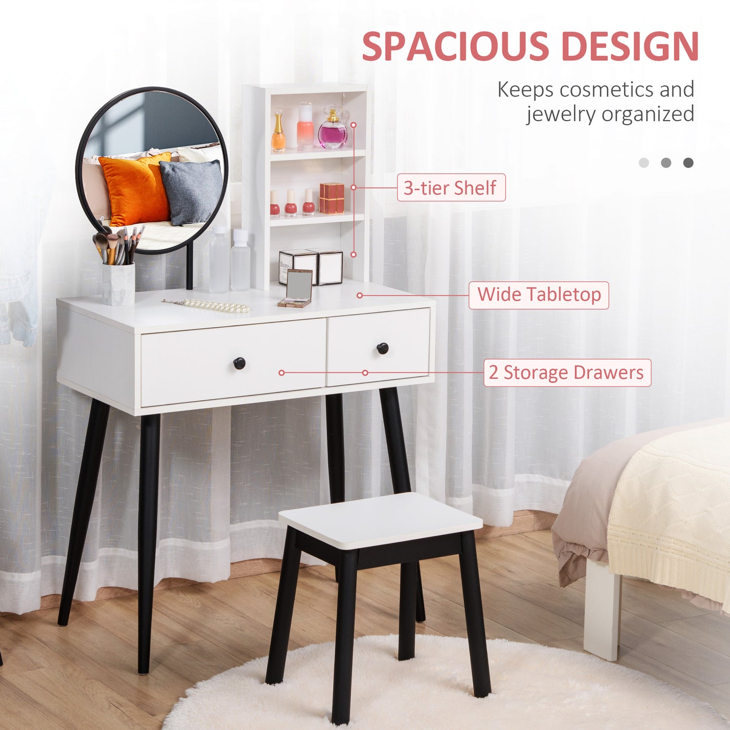 HOMCOM Vanity Desk with Stool, Makeup Vanity with Mirror, Wood Dressing Table with Storage Drawers and Shelf for Bedroom, White and Black