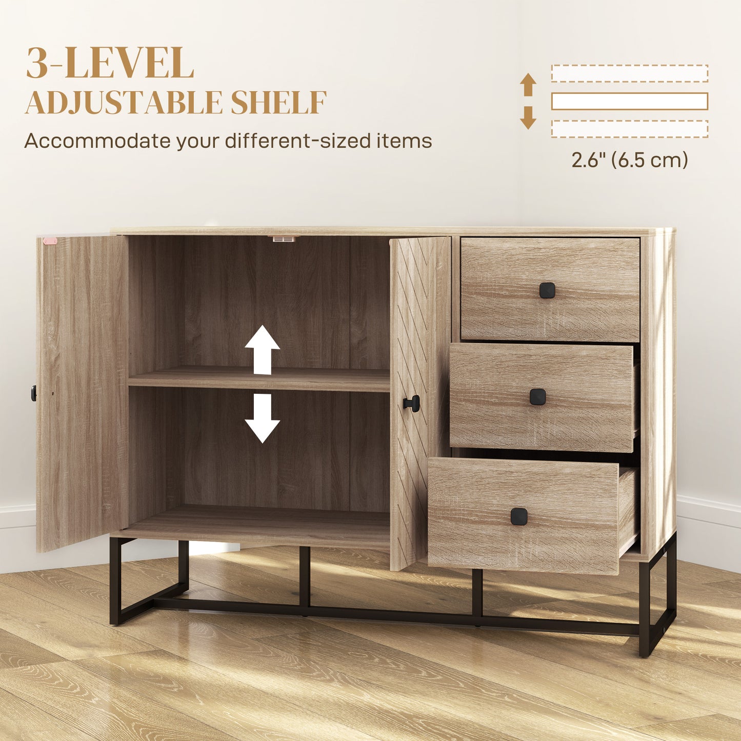 HOMCOM Modern Sideboard, 42.5" Buffet Cabinet with Adjustable Shelves and 3 Drawers, Coffee Bar Cabinet with 2 Doors, Oak