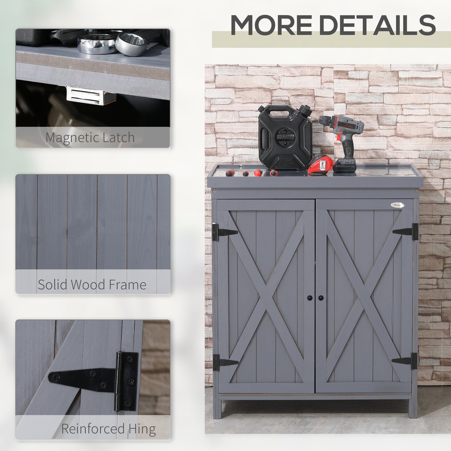 Outsunny Garden Storage Cabinet, Outdoor Tool Shed with Galvanized Top and Two Shelves for Yard Tools or Pool Accessories, Grey