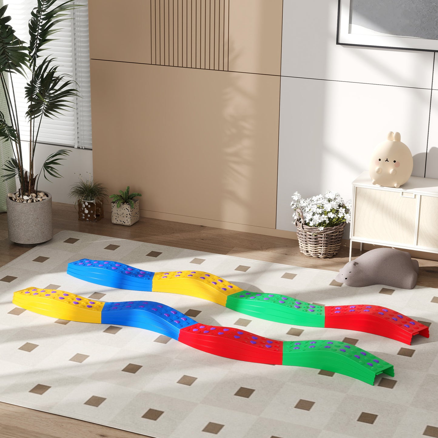 Outsunny 8pcs Balance Beam for Kids, 4 Sensory Pads and 4 Beams with Non-slip Surface & Bottom, Stackable Stepping Stones Kids for Boys Girls 3-6 Years, Multicoloured