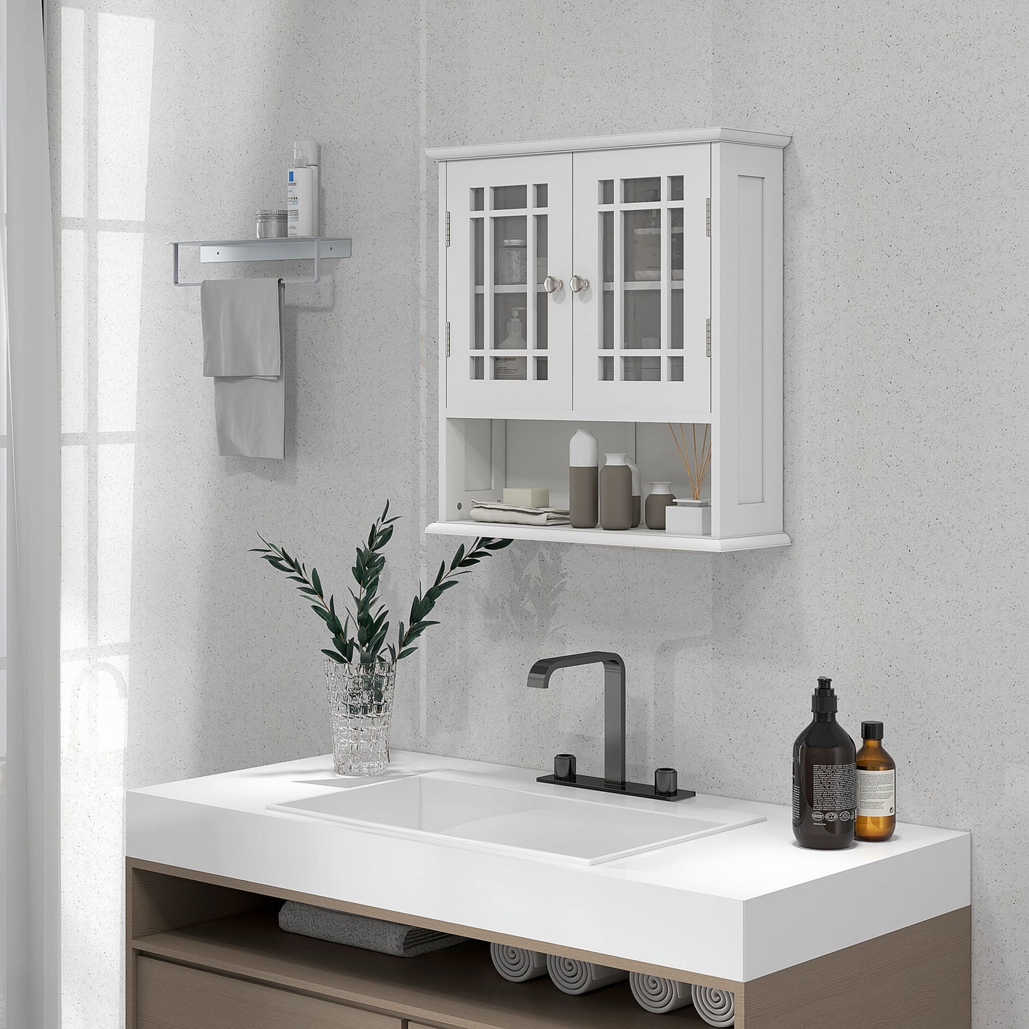 kleankin Modern Wall Mount Bathroom Cabinet, Storage Organizer with 2 Door Cabinet and Open Shelf, White