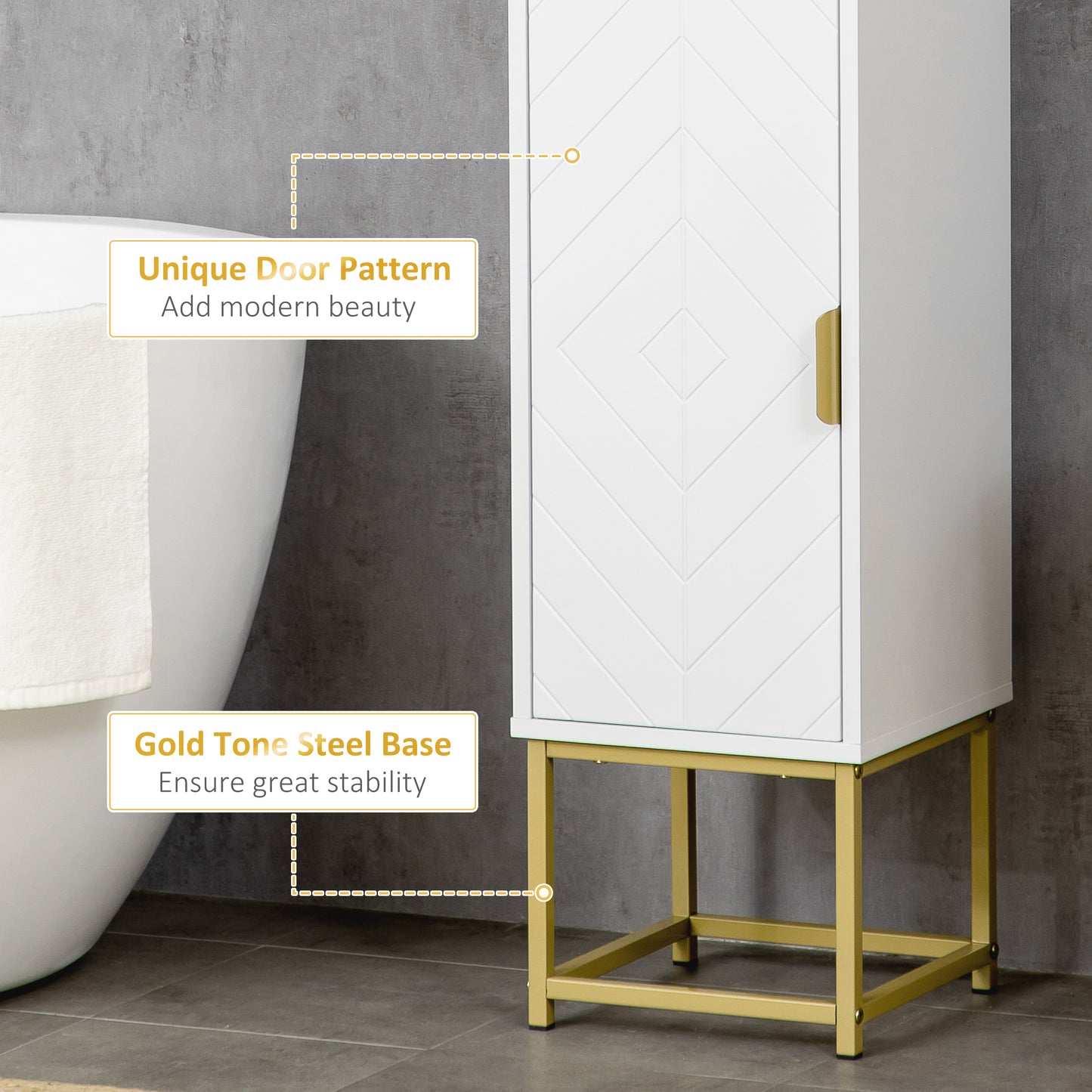 kleankin Tall Bathroom Storage Cabinet, Modern Narrow Bathroom Cabinet with Diamond Chevron Pattern and Adjustable Shelf, White