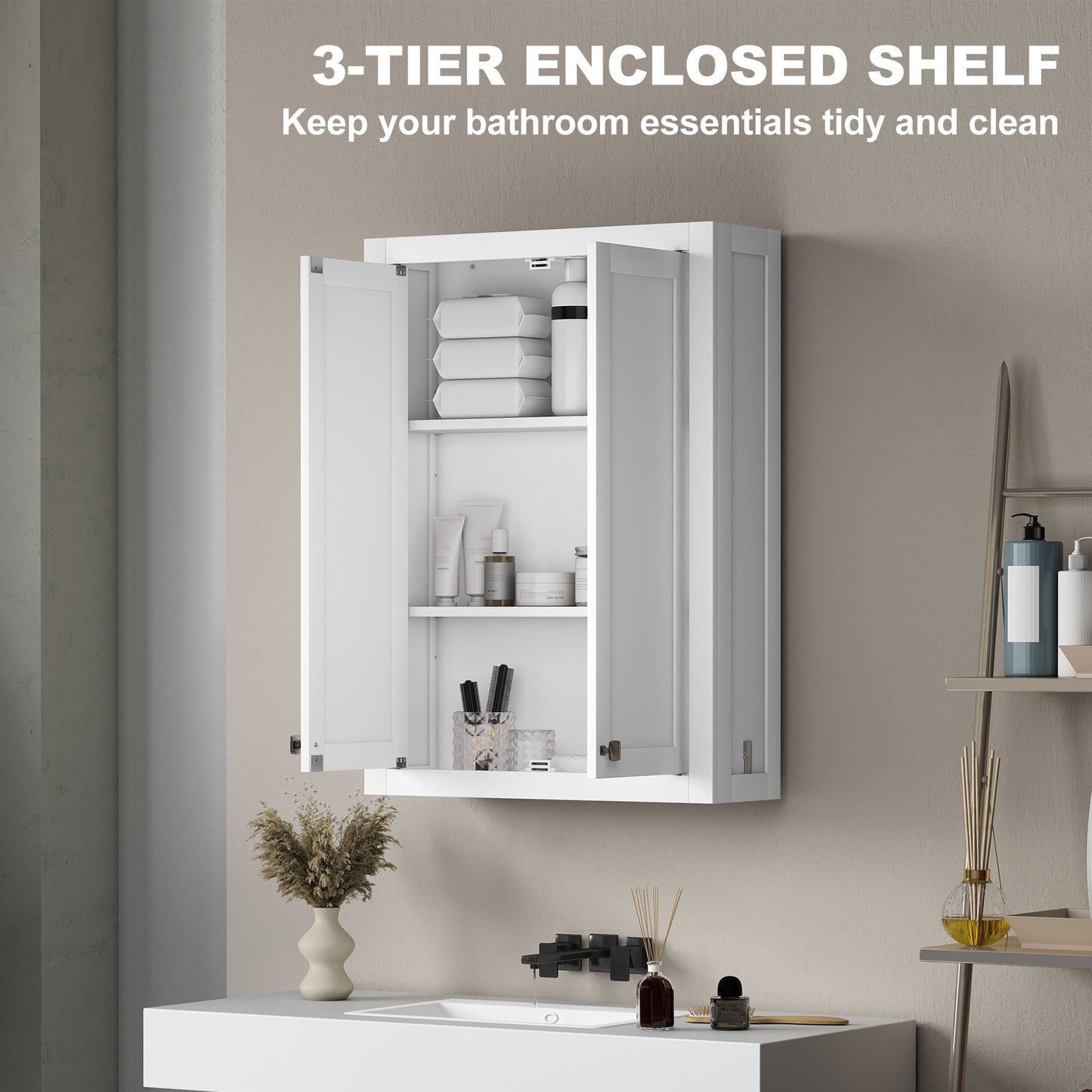 HOMCOM Bathroom Cabinet Wall Mounted, Modern Bathroom Wall Cabinet with 2 Doors and 2 Adjustable Shelves, White