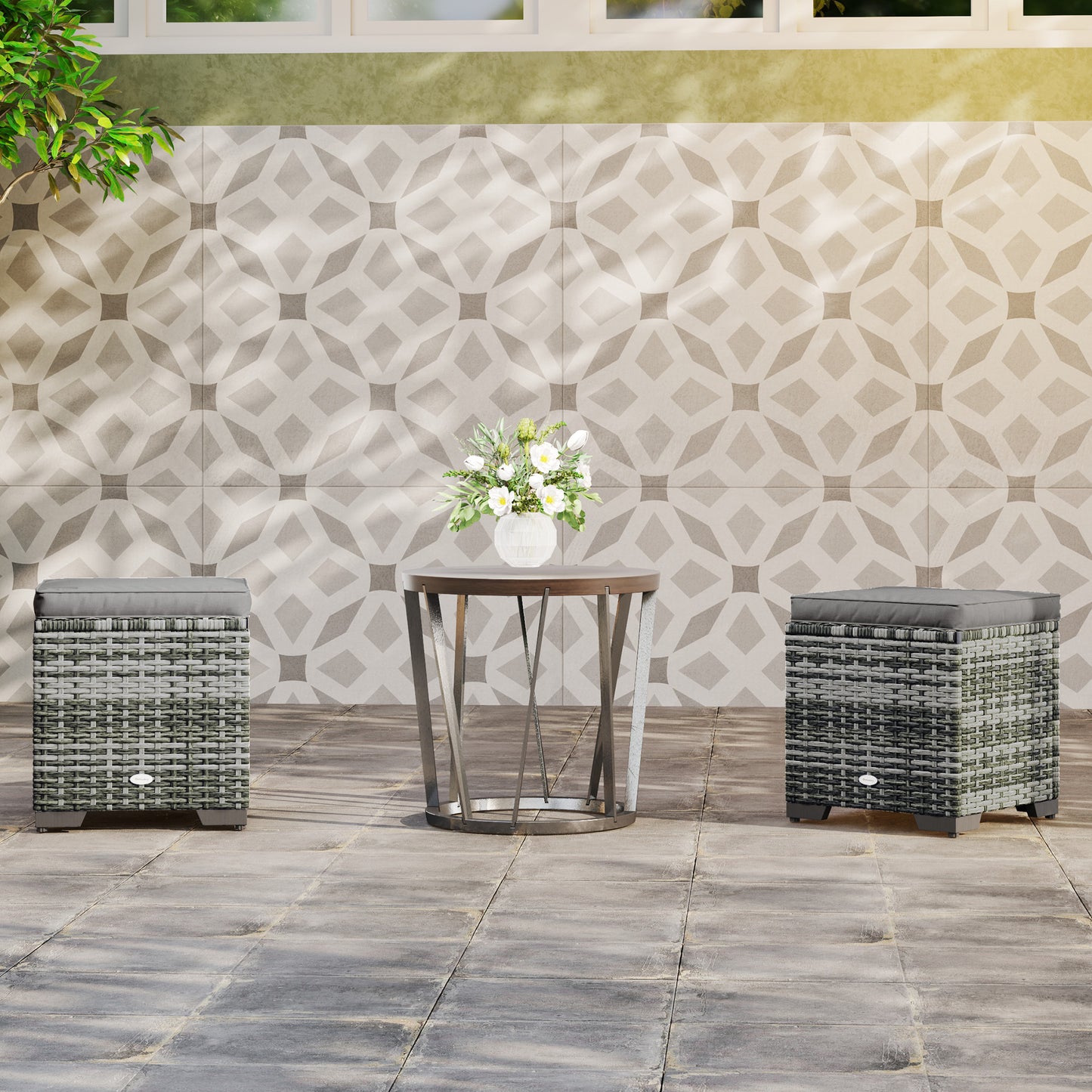 Outsunny Set of 2 Wicker Ottoman, Outdoor Footstool with Storage & Removable Cushions for Poolside, Patio, Deck, Grey