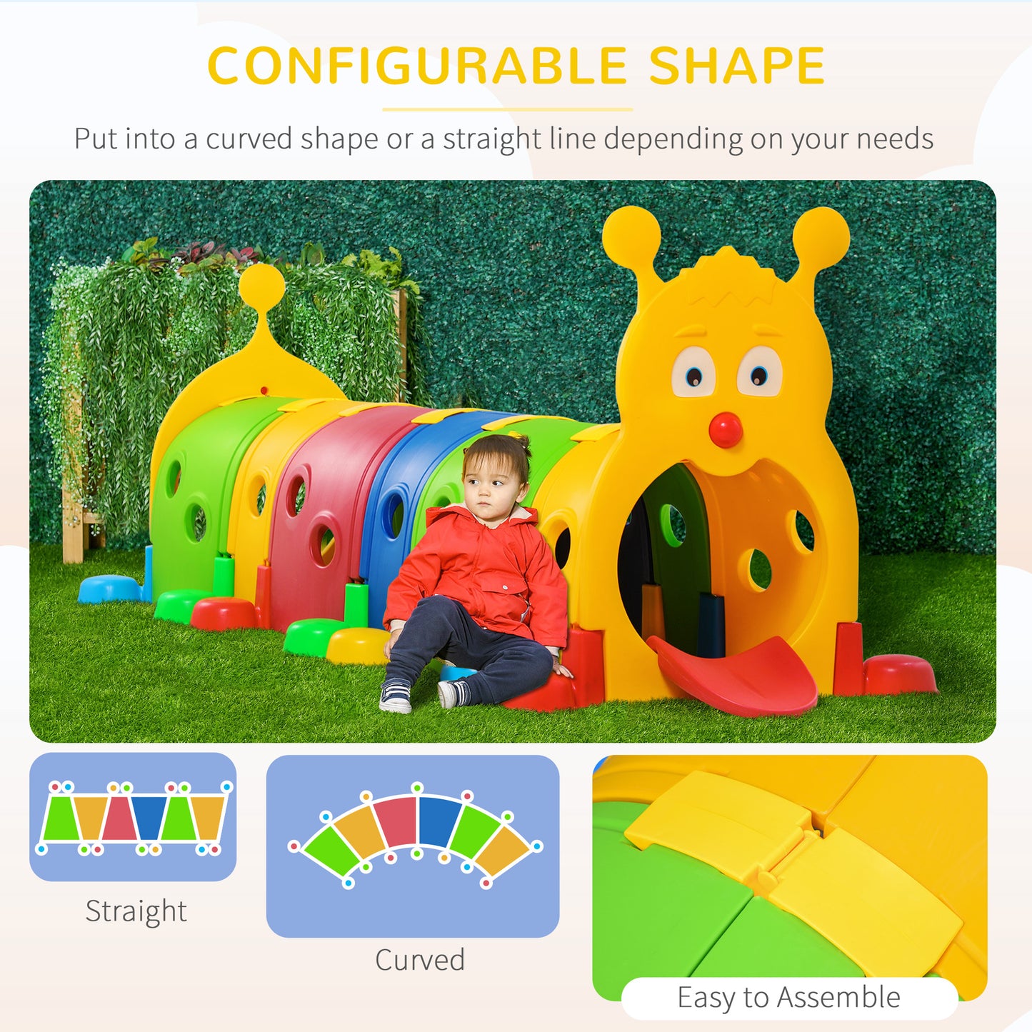 Qaba Caterpillar Design Tunnel for Kids to Crawl Through, for 3-6 Years, Multicoloured