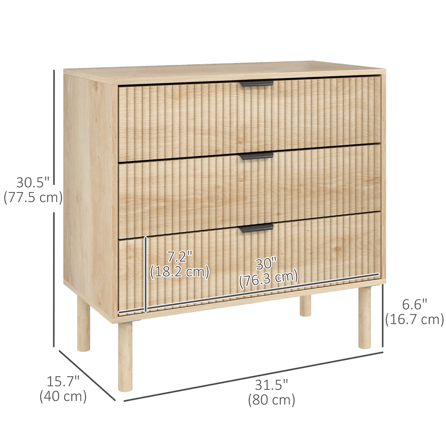 HOMCOM Bedroom Chest of Drawers, 3 Drawer Dresser with Fluted Panels and Solid Wood Legs, Storage Cabinet for Living Room, Oak