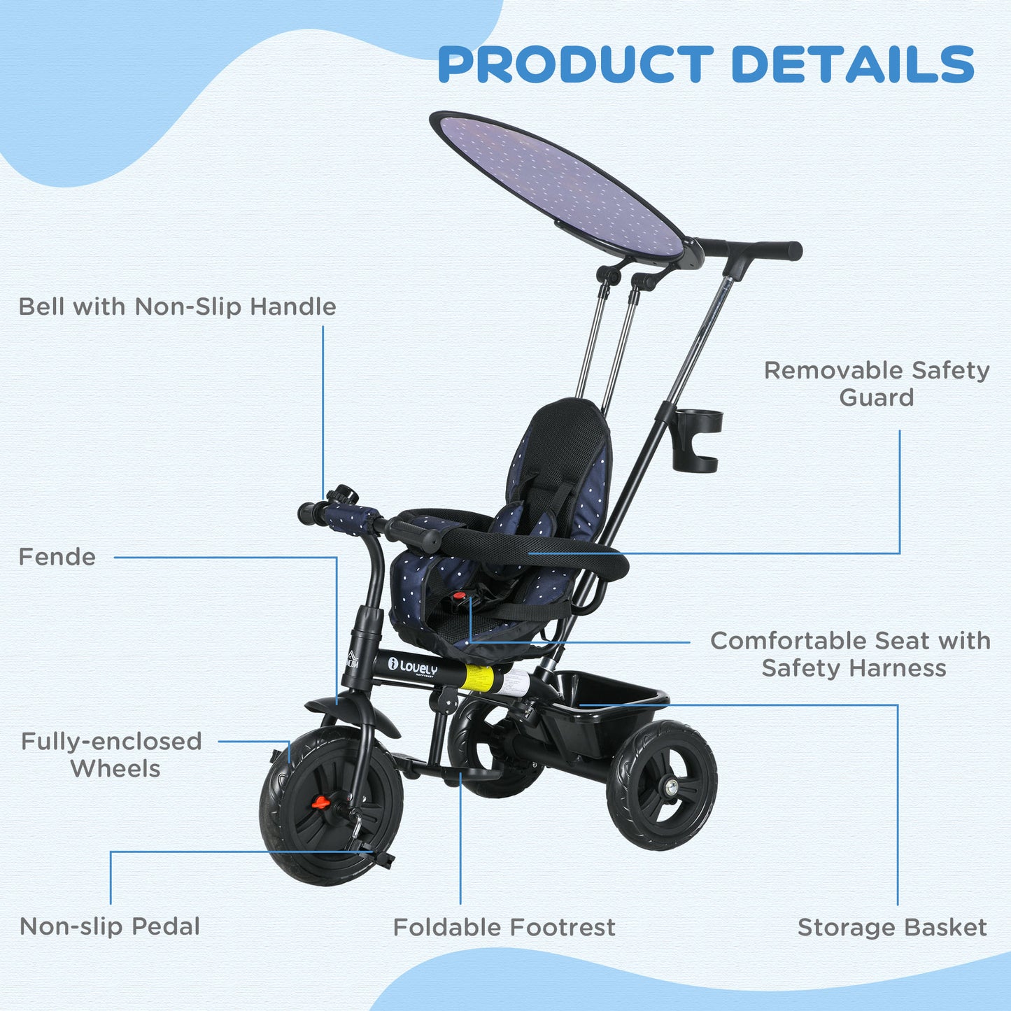 Qaba 6 in 1 Kids Tricycle with Removable Handlebar and Canopy, Navy Blue