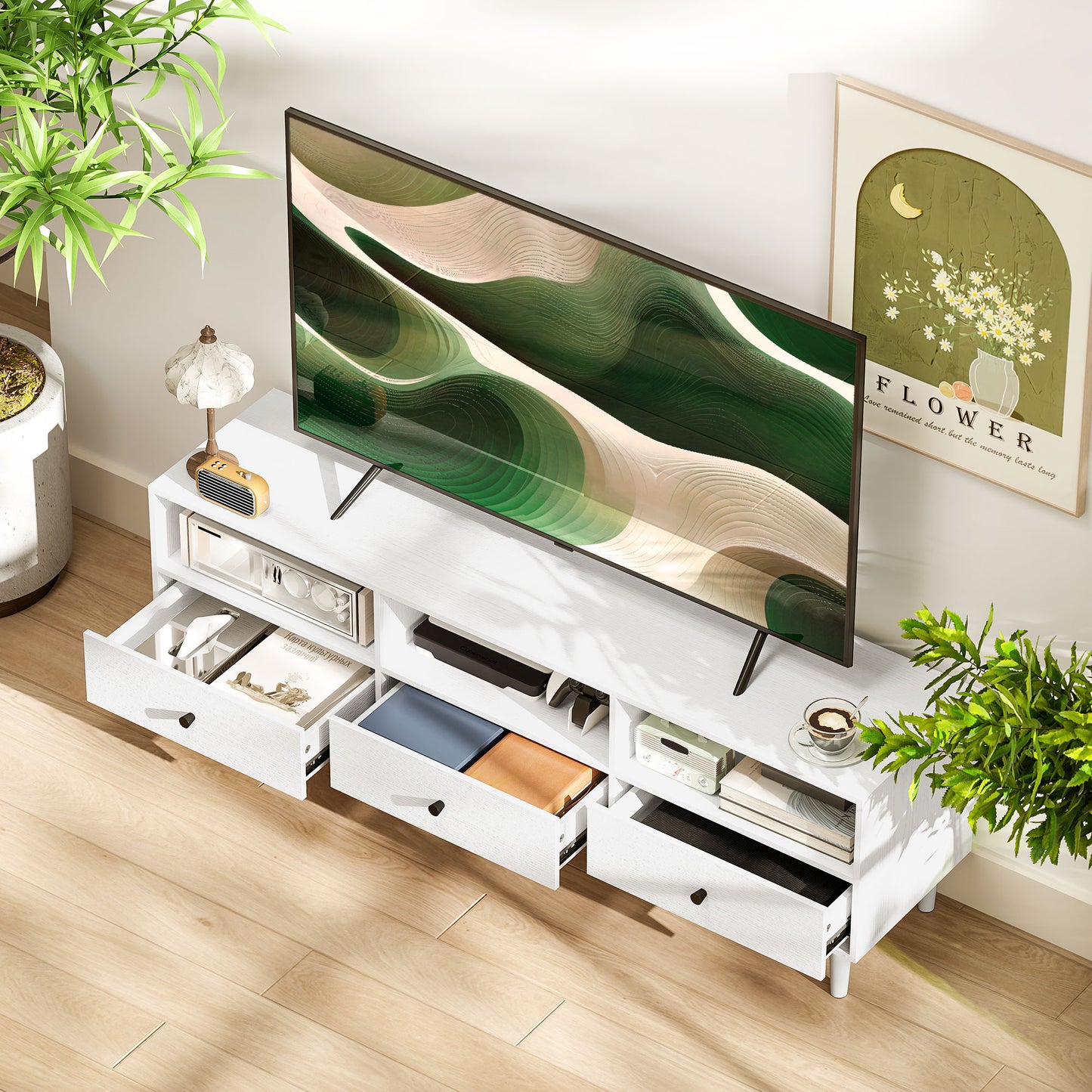 HOMCOM TV Stand for up to 75 Inches, TV Table with 3 Storage Shelves, 3 Drawers for Living Room, Bedroom, White