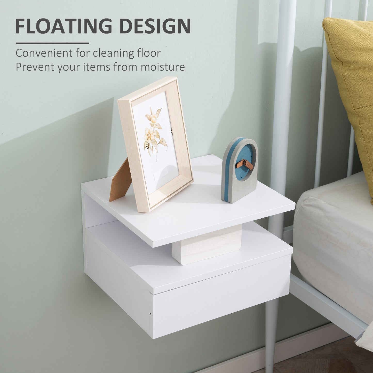 HOMCOM Set of Two Floating Bedside Tables with Drawer and Open Shelf for Bedroom, White