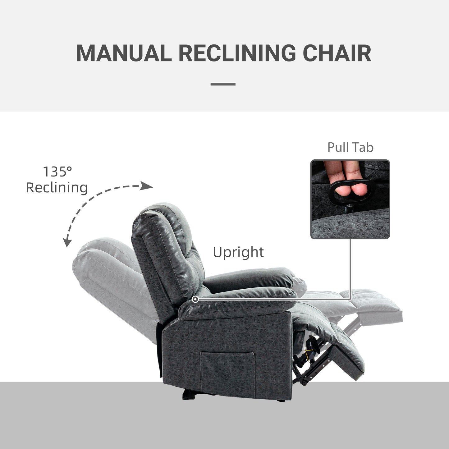 HOMCOM PU Leather Reclining Chair, Manual Recliner Chair for Living Room with Footrest, 2 Side Pockets, Steel Frame, Black