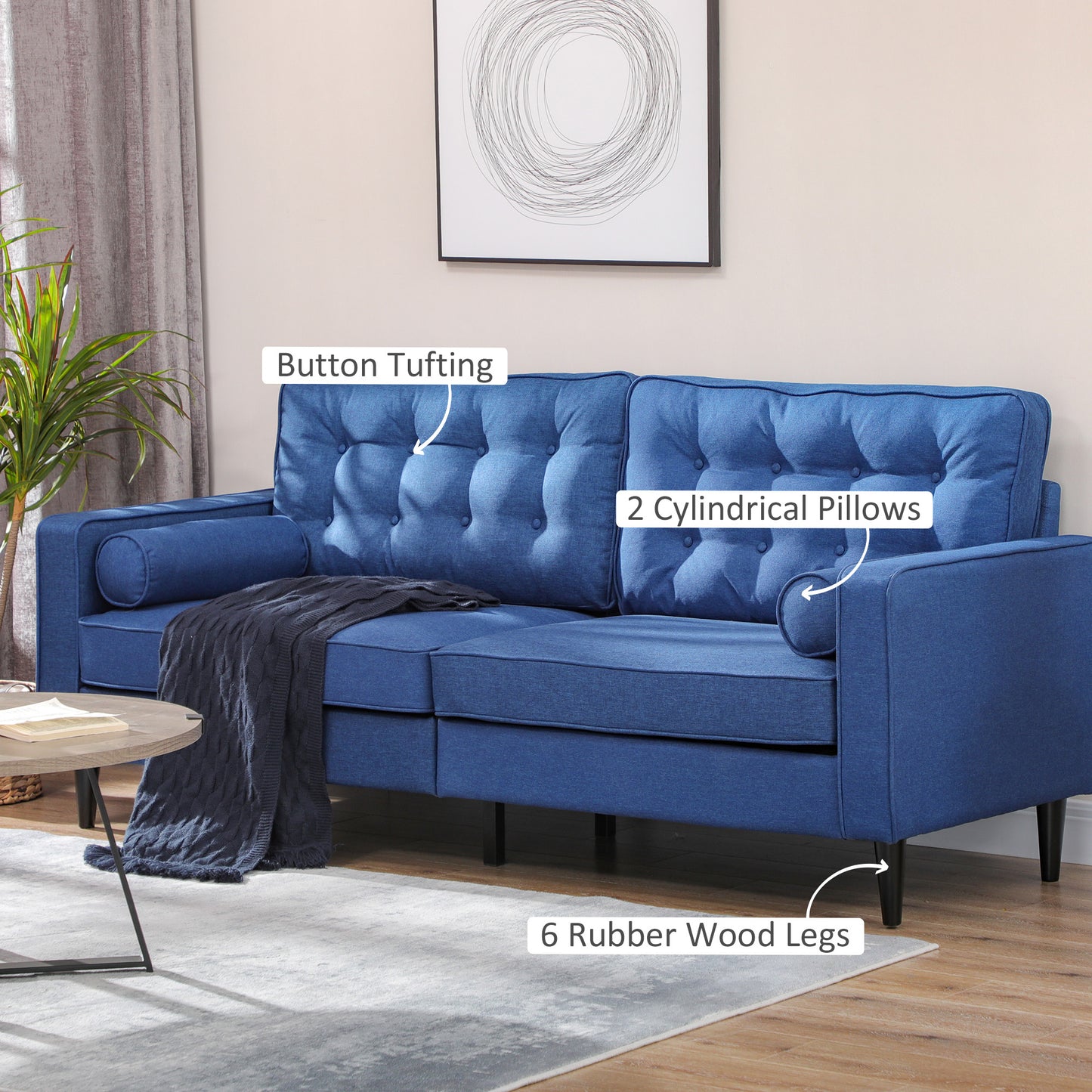 HOMCOM Mid-Century Sofa, Couch with Button-Tufted Back Cushion, Velvet Feel Fabric Upholstery, 2 Cylindrical Pillows and Rubber Wood Legs for Living Room, Dark Blue