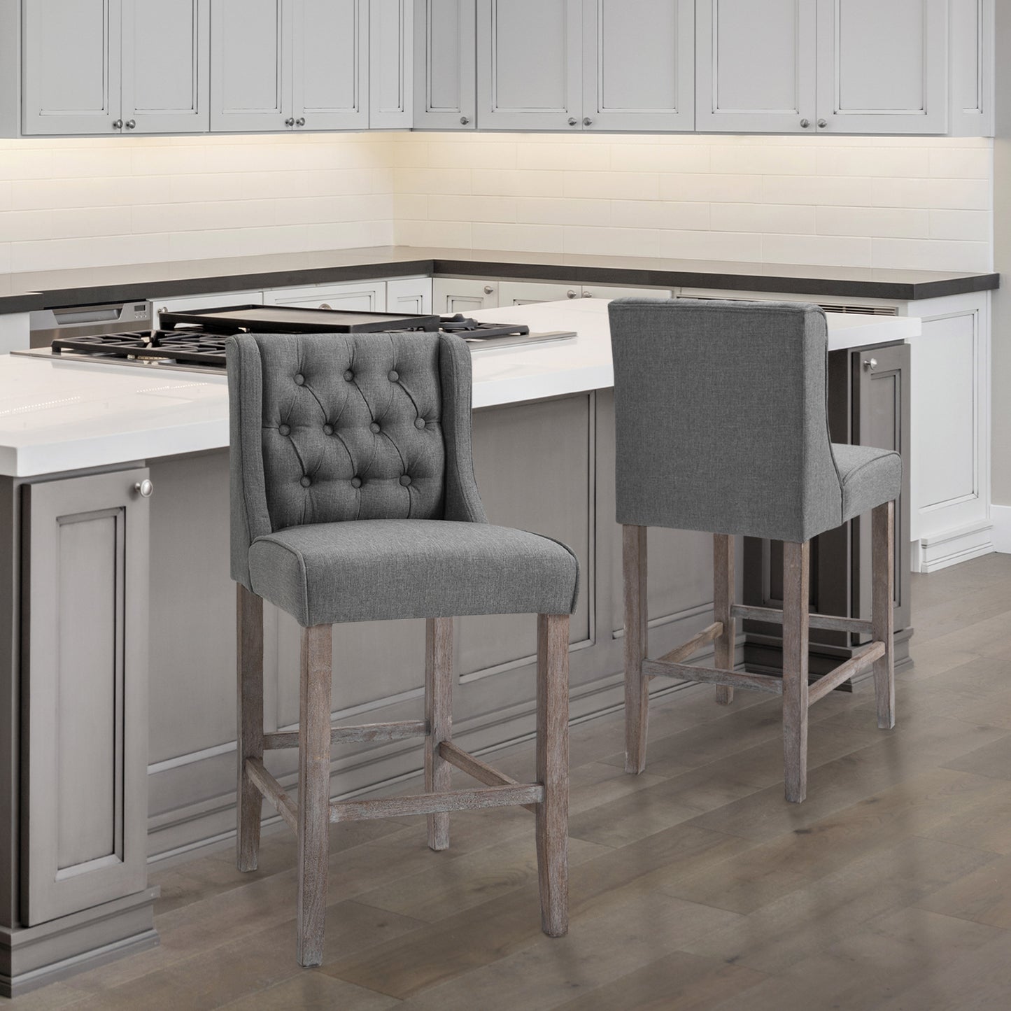 HOMCOM Set of 2 40Inch Button Tufted Bar stools High Counter Dining Height Chairs Grey