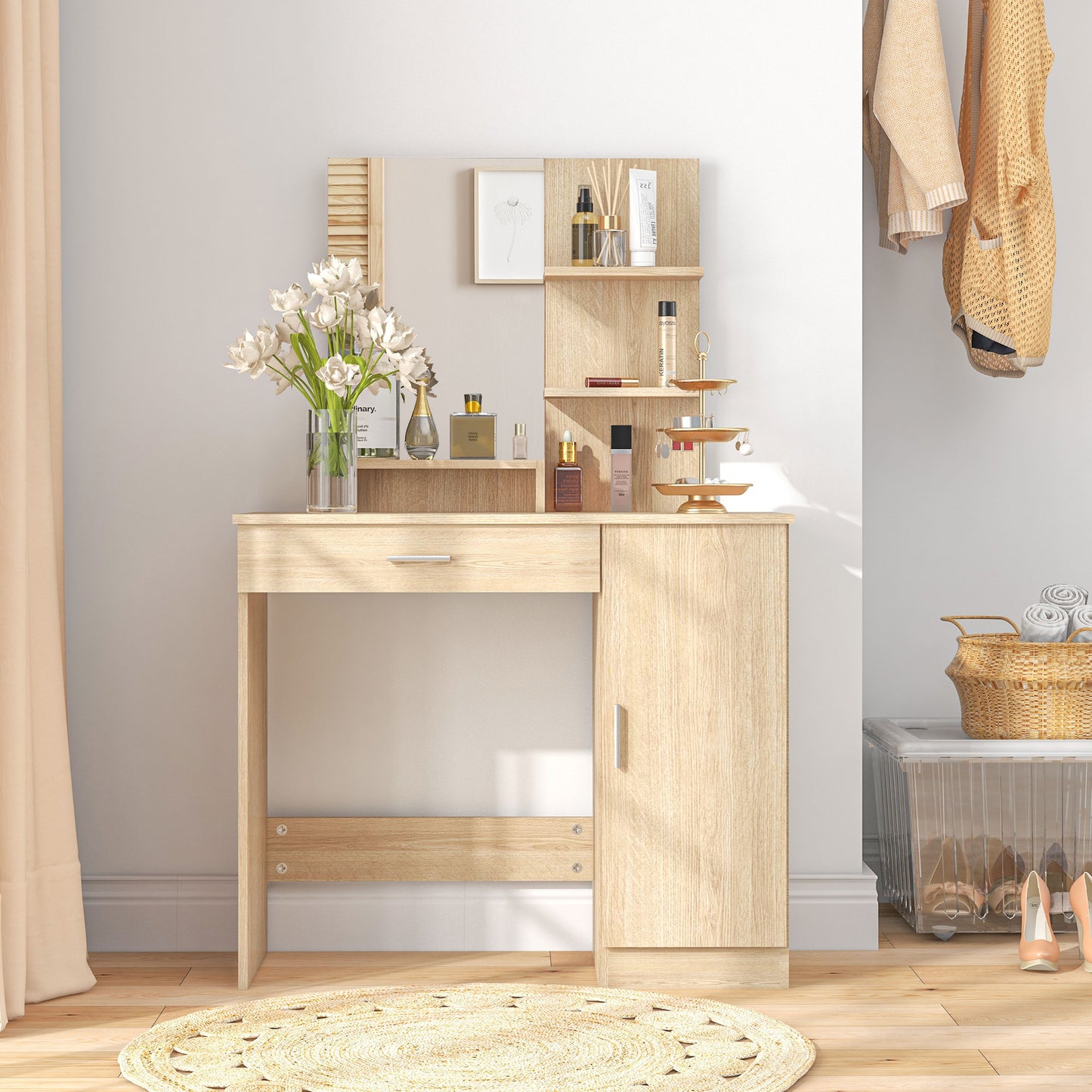 HOMCOM Dressing Table, Vanity Table with Mirror, Drawer and Storage Shelves for Bedroom, 35.4" x 15" x 54.3", White