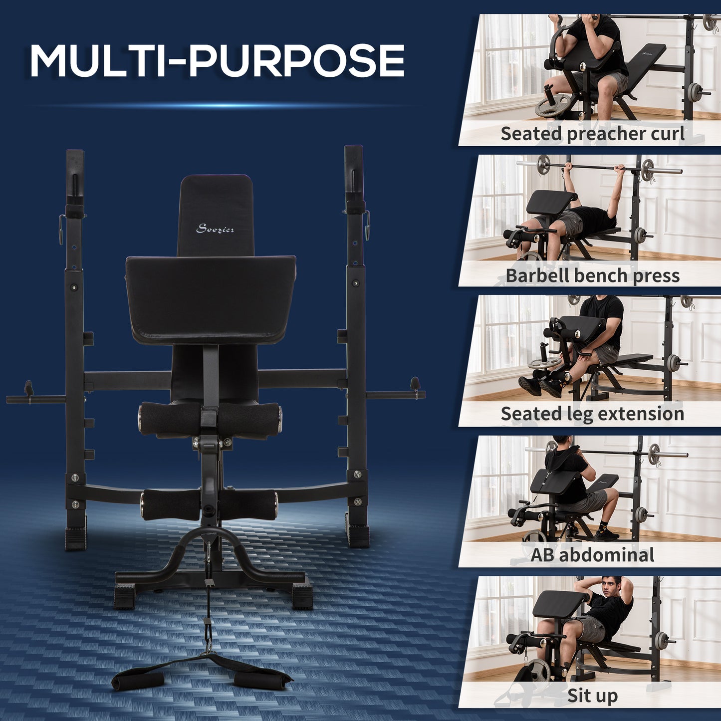 Soozier Press Bench, Heavy Duty Multiple Function Workout Adjustable Bench with Preacher Curl, Leg Developer