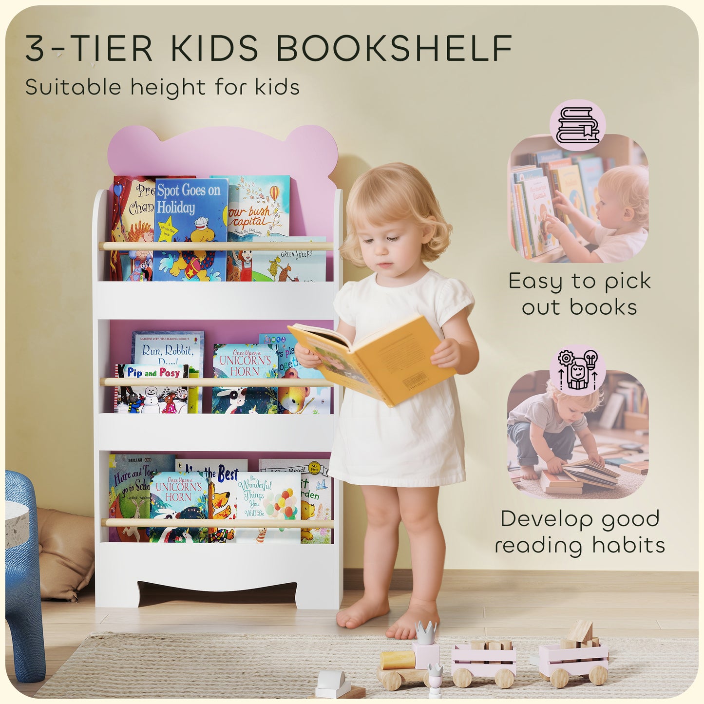 Qaba 3-Tier Bear Theme Kids Bookshelf with Anti-tipping Device for Living Room, Kids Room, Playroom, Pink