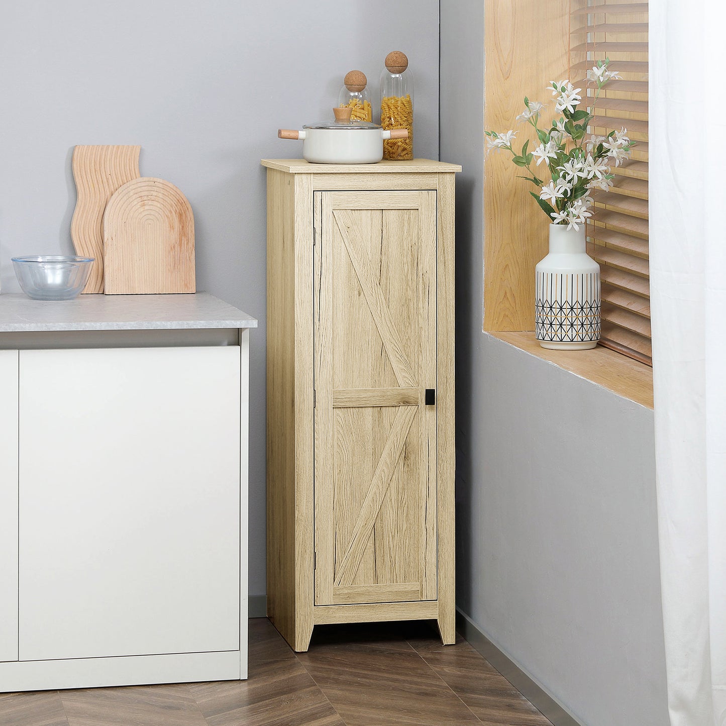 HOMCOM 48" Farmhouse Kitchen Pantry Storage Cabinet with Barn Door, Kitchen Pantry Cabinet with Adjustable Shelves, Natural