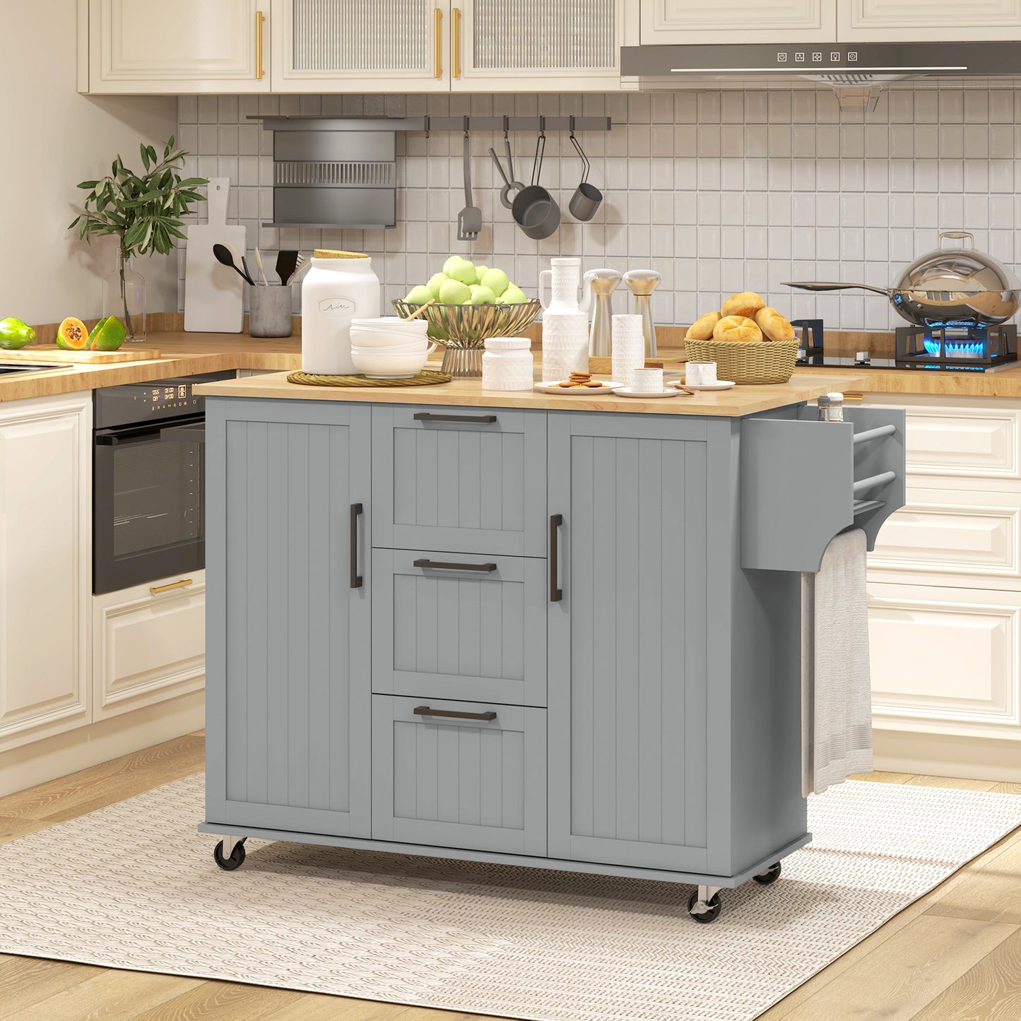 HOMCOM Rolling Kitchen Cart on Wheels with Drop Leaf, Kitchen Island with 3 Drawers, Solid Wood Top and Towel Rack, White