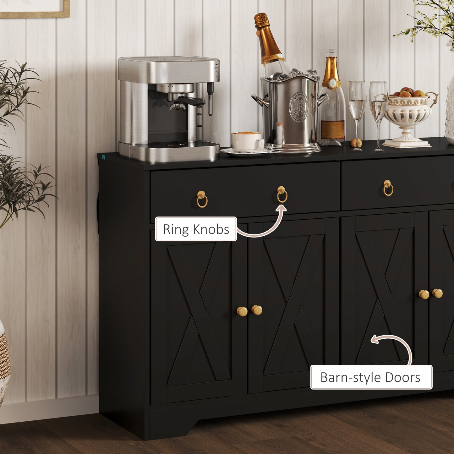 HOMCOM Sideboard Cabinet with 2 Drawers, 4 Barn Doors and 2 Adjustable Shelves, Buffet Table for Living Room, Black