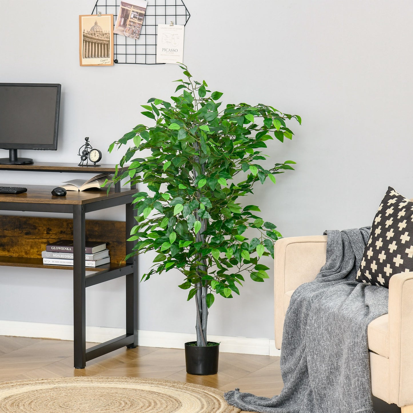 HOMCOM 4.5ft Ficus Artificial Plant with Realistic Leaves, Potted Fake Tree for Home Office Indoor Decor, Green