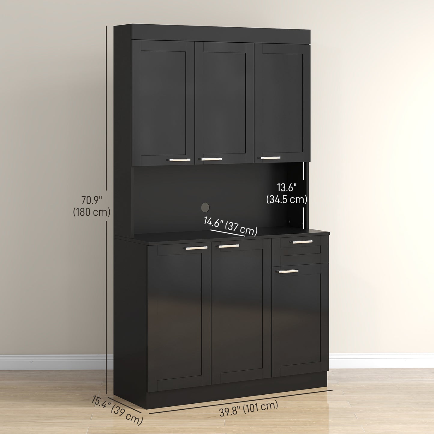 HOMCOM 71" Kitchen Pantry Cabinet, Storage Buffet with Hutch, Adjustable Shelves for Living Room, High Gloss White