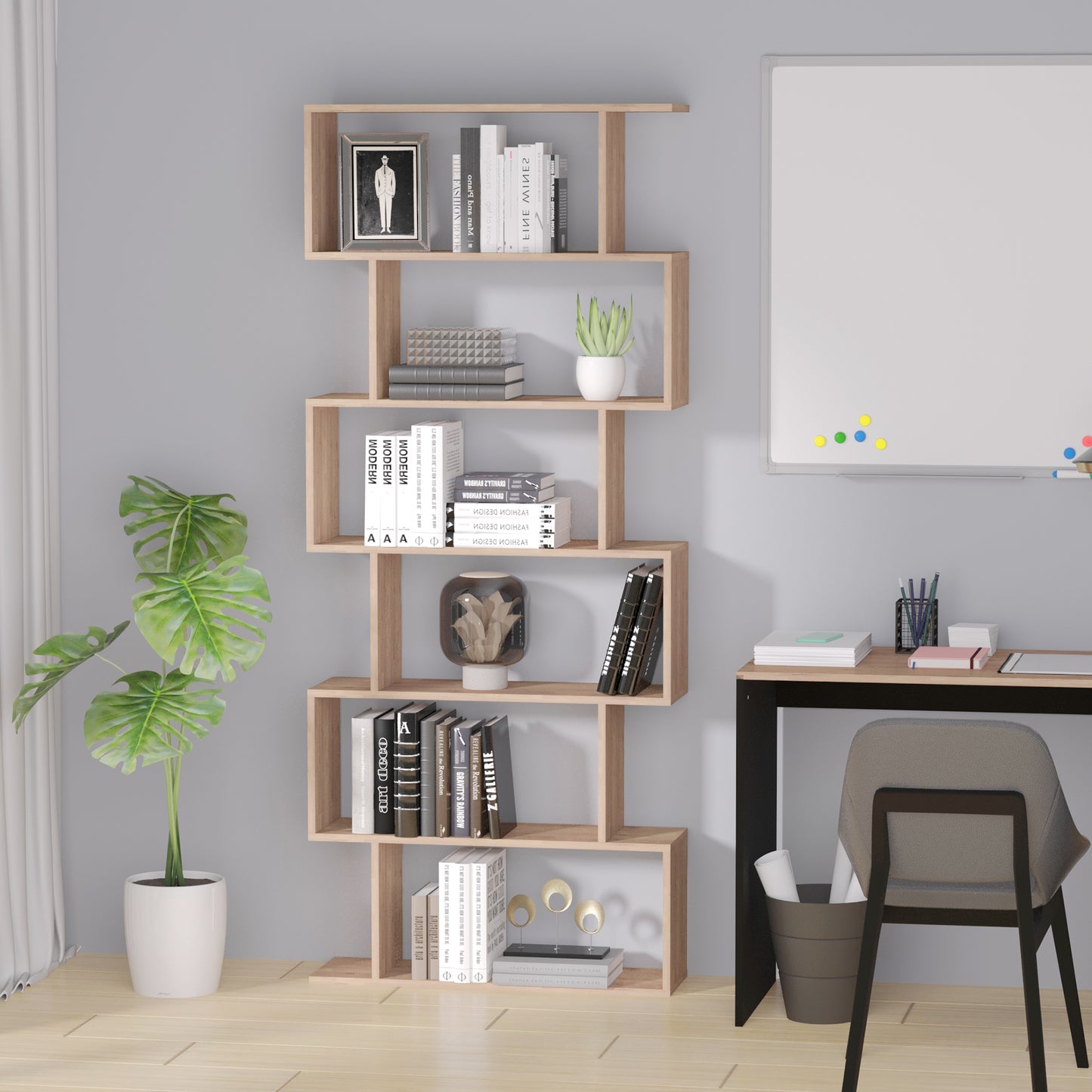 HOMCOM 76" 6-Tier Geometric Wooden Bookcase S Shaped Storage Display Bookshelf Modern shelf Open Concept Living Room Home Office Furniture, Maple
