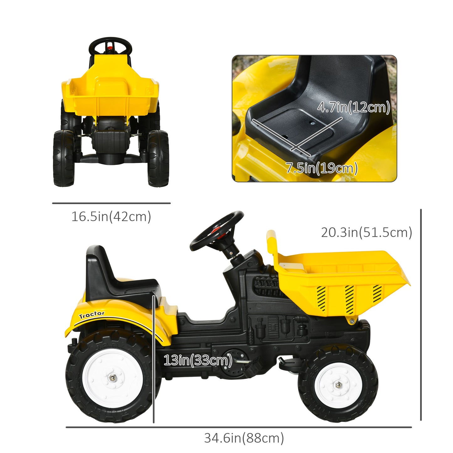 Aosom Ride on Toy Dump Truck for Kids, Pedal Construction Car with Detachable Trailer for 3 Year Old, Yellow