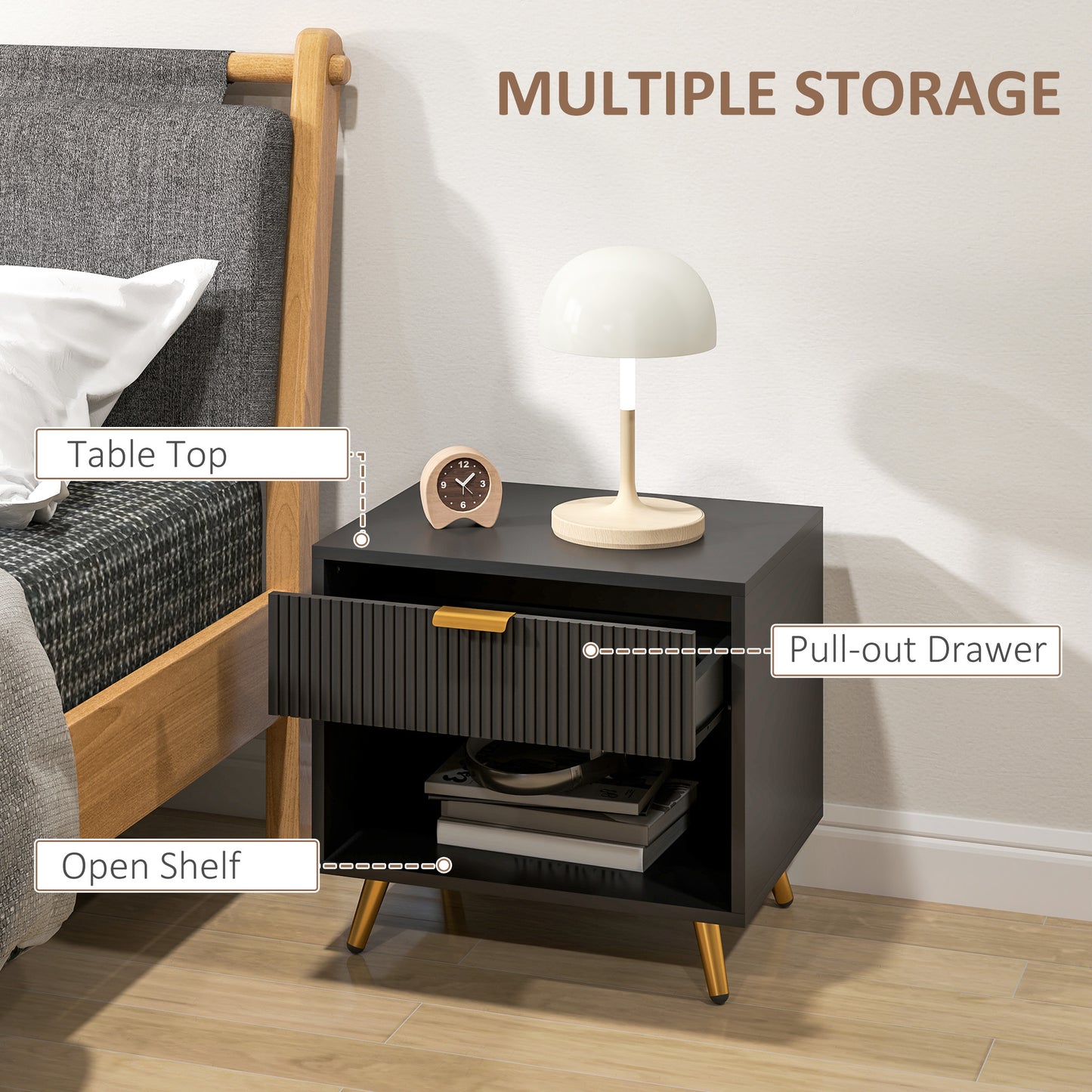 HOMCOM Nightstand with Fluted Panel, Bedside Table with Drawer and Open Compartment, Modern Night Table for Bedroom, Black