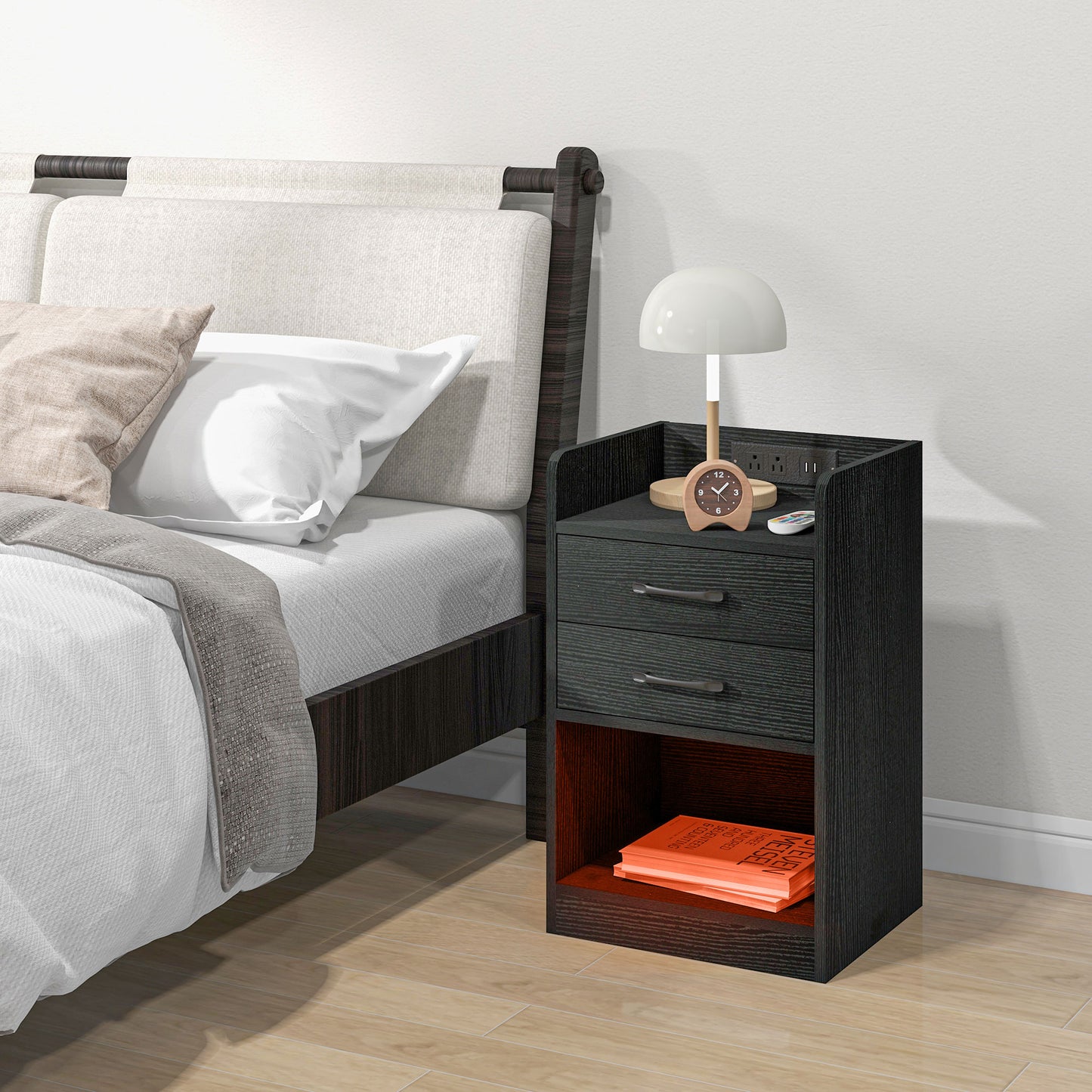 HOMCOM Tall Nightstand with Charging Station and LED Lights, Small Bedside Table with AC Outlets, USB Ports, 2 Drawers, Shelf