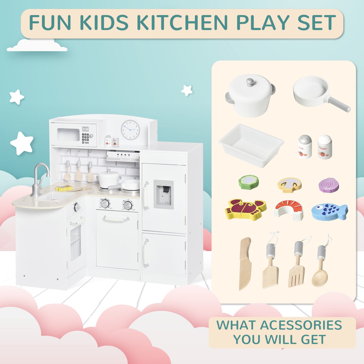 Qaba Kids Kitchen Play Cooking Toy Set for Children with Drinking Fountain, Microwave, Accessories, White