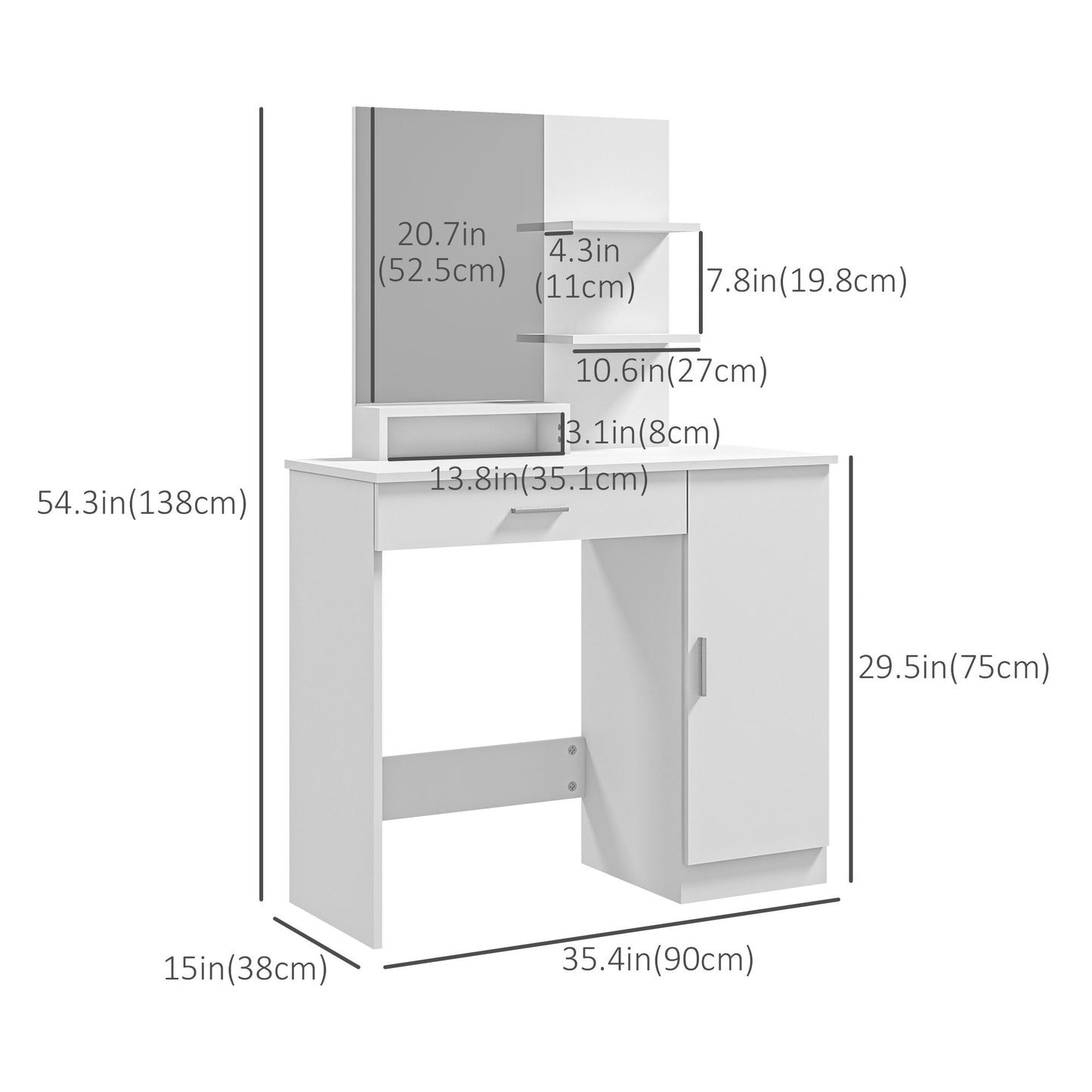 HOMCOM Dressing Table, Vanity Table with Mirror, Drawer and Storage Shelves for Bedroom, 35.4" x 15" x 54.3", White