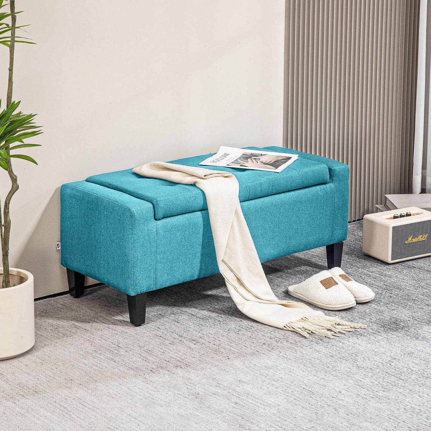 HOMCOM Storage Ottoman Bench Linen-Touch Fabric Tufted Chest Footstool with Flipping Top, Beige