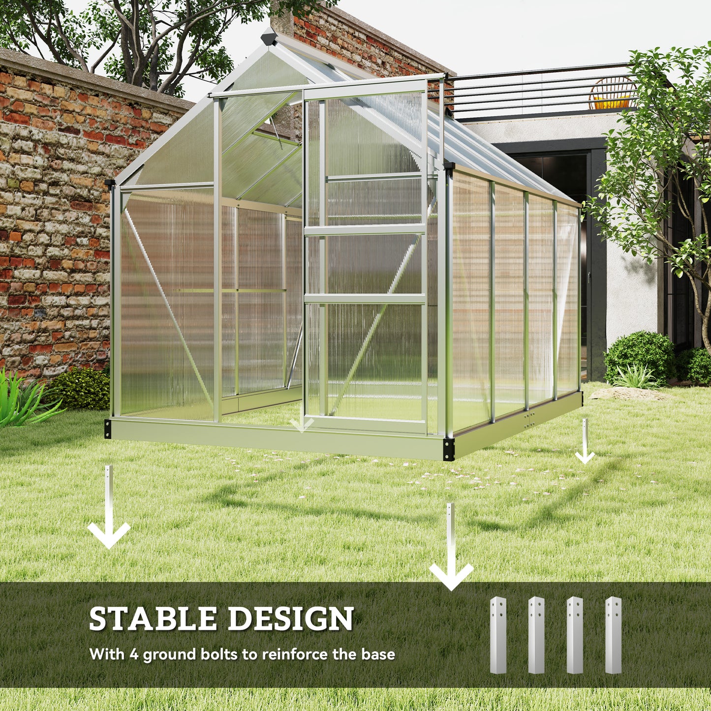 Outsunny 6' x 10' x 6.6' Polycarbonate Greenhouse, Walk-In Green House Kit Garden, Plants Grow, Galvanized Sheet Aluminum Frame with Rain Gutter, Vents and Sliding Door, Green