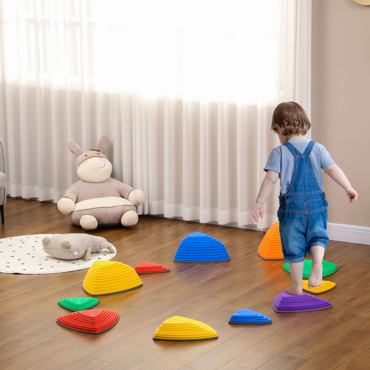 Outsunny 11PCs Larger Size Balance Stepping Stones for Kids with Non-slip Bottom, Stackable Obstacle Course Outdoor Indoor, Play River Rocks with Starfish Style