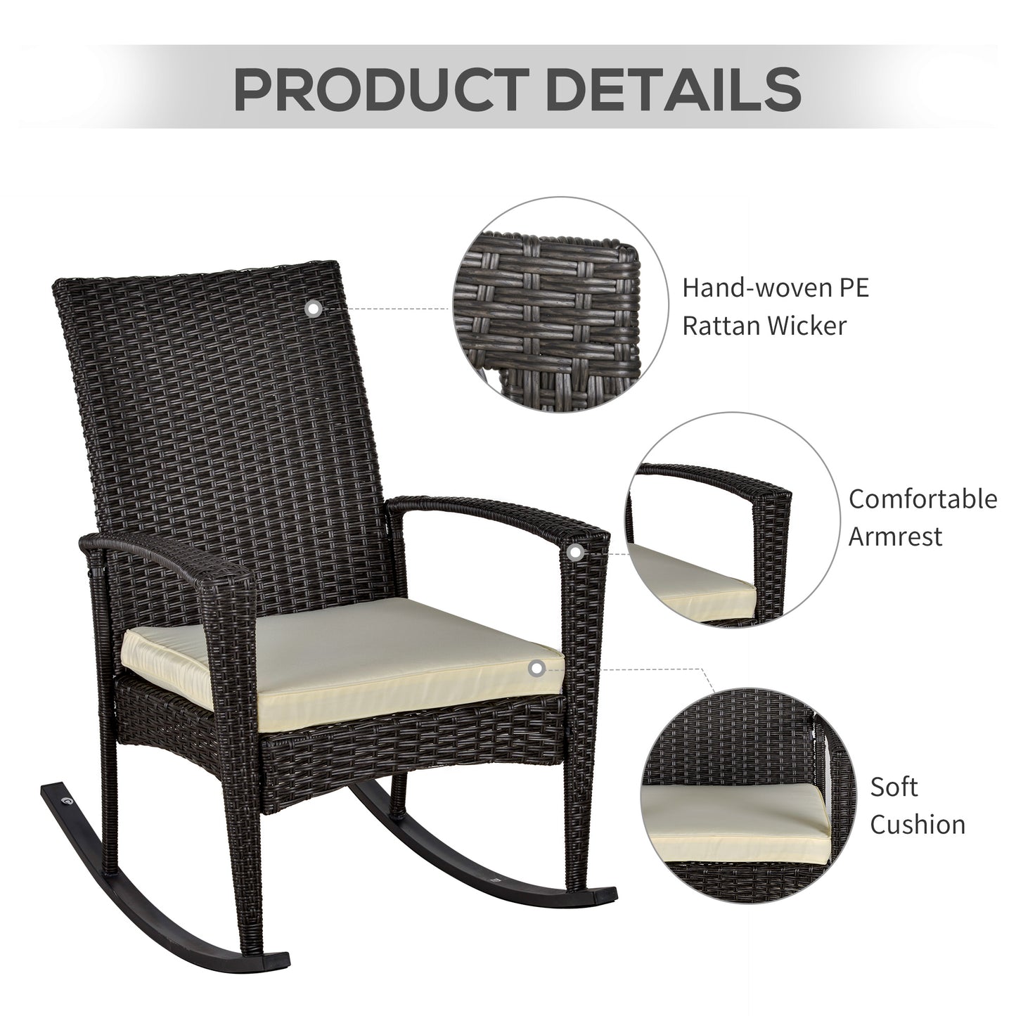 Outsunny 3 Pieces Patio Wicker Rocking Chair Set, Outdoor PE Rattan Bistro Set Conversation Rocker Set with 2 Chairs 1 Coffee Table for Backyard, Deck, Poolside, Dark Grey