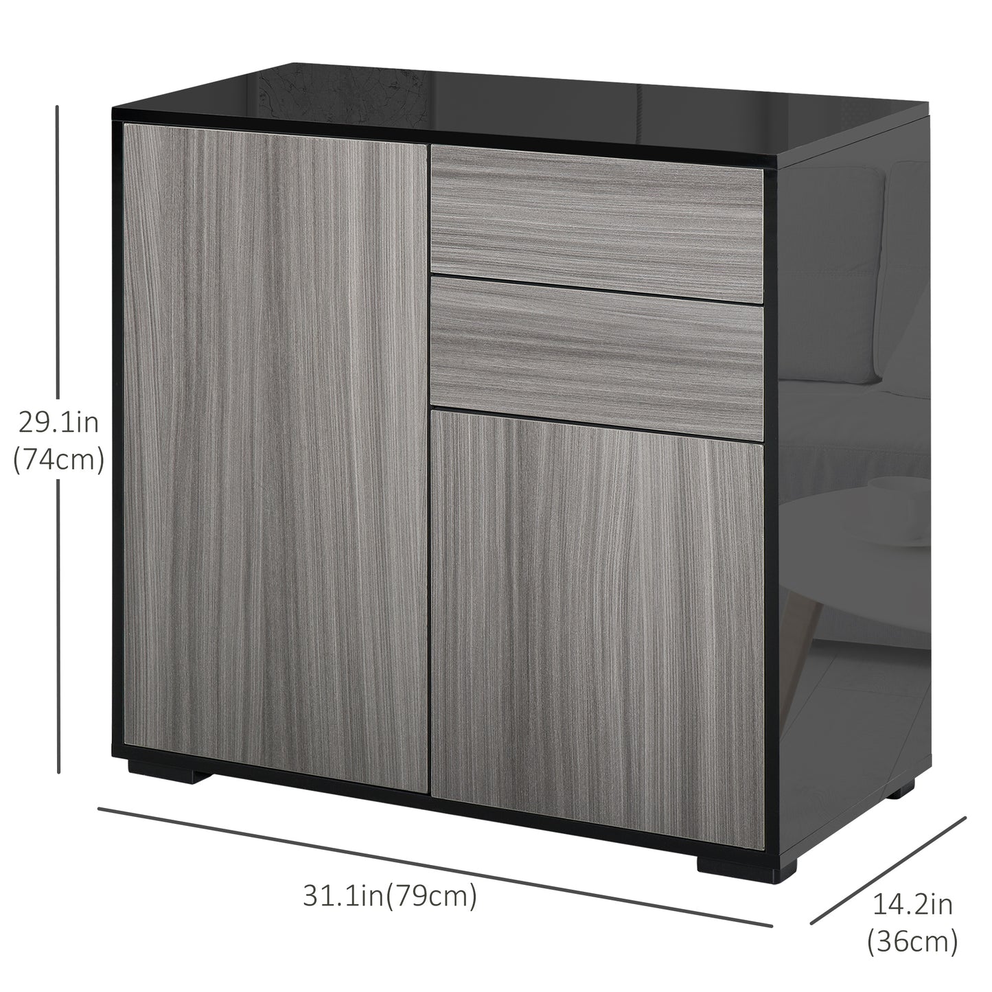 HOMCOM High Gloss Buffet Sideboard with 2 Drawers, 2 Doors and Adjustable Shelf, Kitchen Storage Cabinet with Push Open Design, White