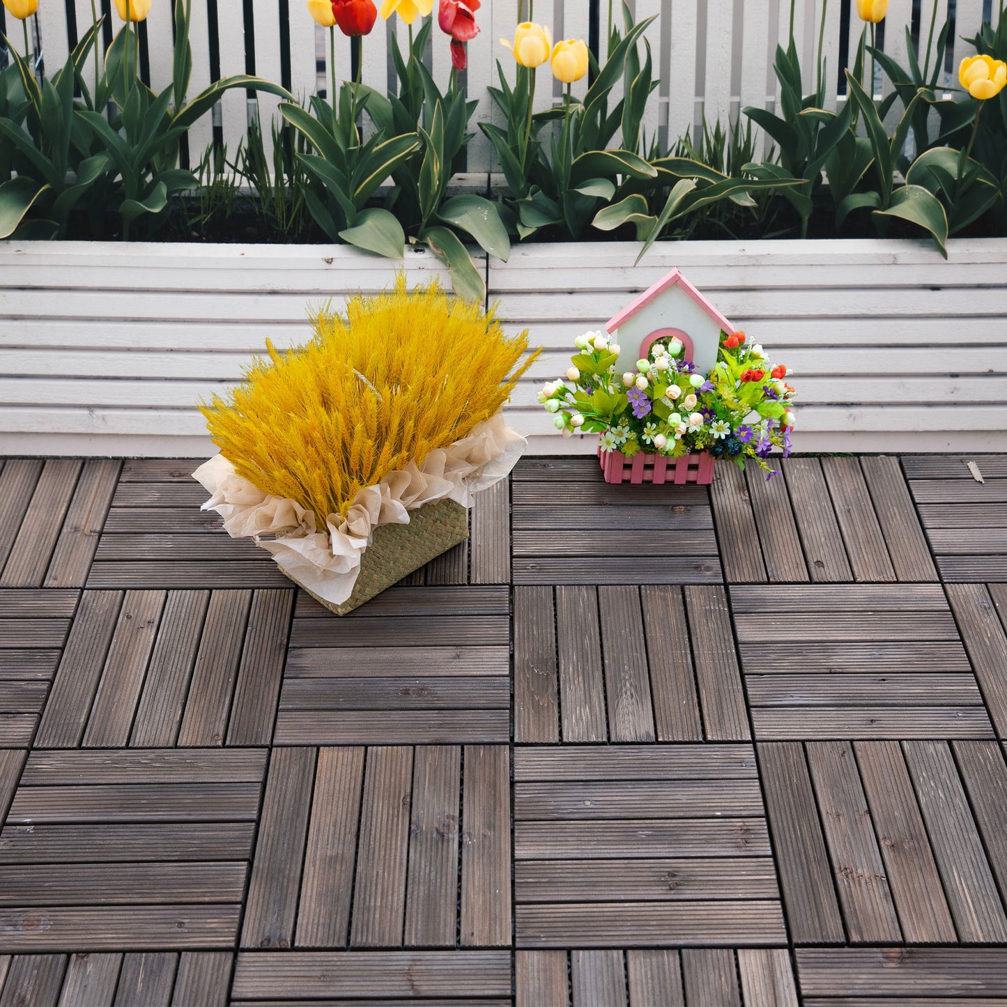 Outsunny 27 Pcs Wood Interlocking Deck Tiles, 12 x 12in Outdoor Flooring Tiles for Indoor and Outdoor Use, Tools Free Assembly, Black