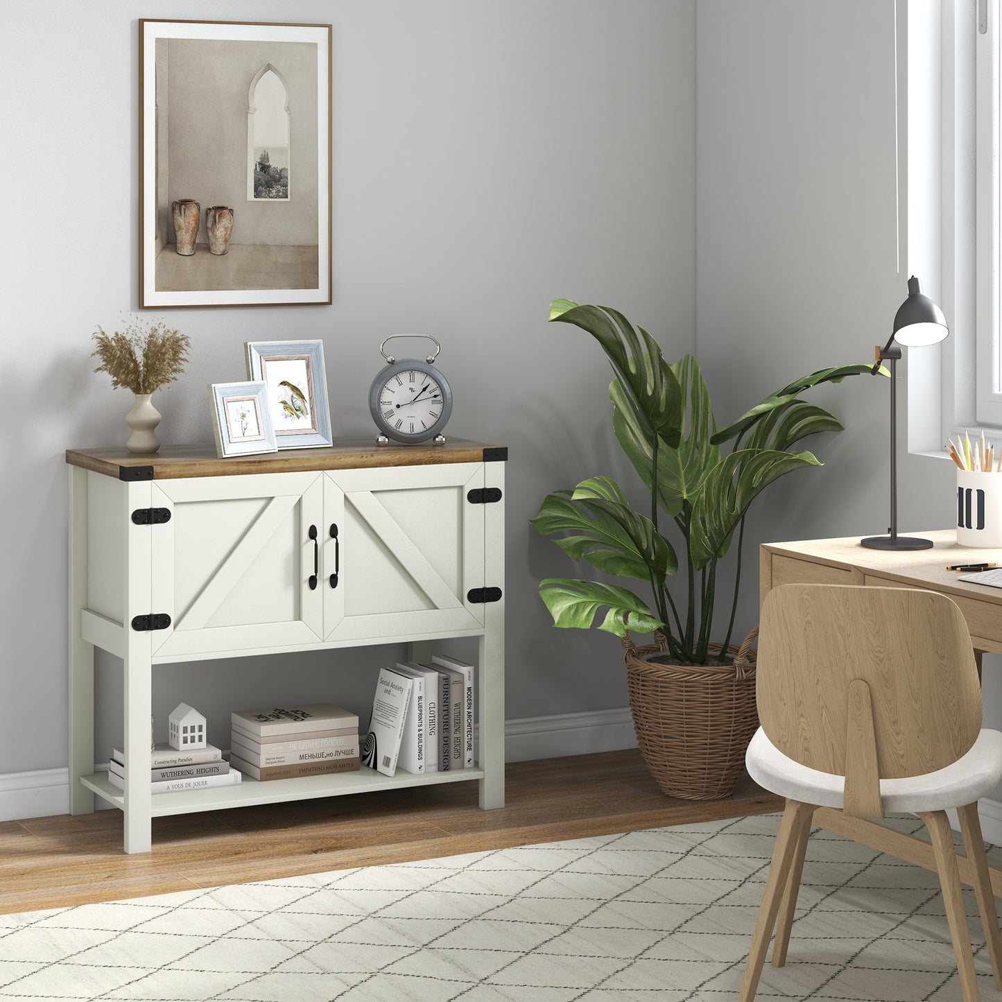 HOMCOM Farmhouse Kitchen Storage Cabinet, Free Standing Sideboard Console Table with Barn Doors, Bottom Shelf, White