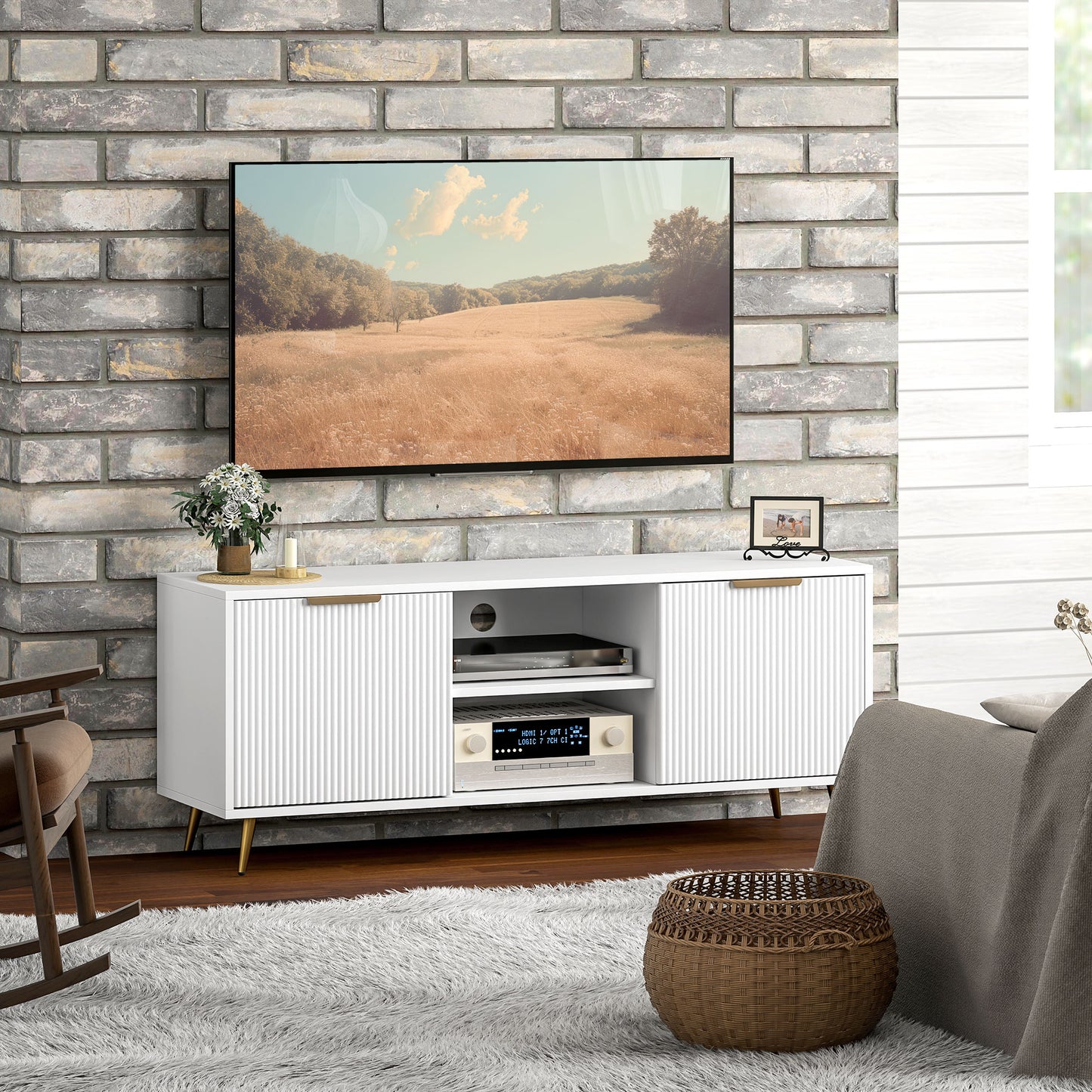 HOMCOM TV Stand with Storage for 55 Inch TV, Modern TV Cabinet with 2 Open Shelves and 2 Cabinets for Living Room, White