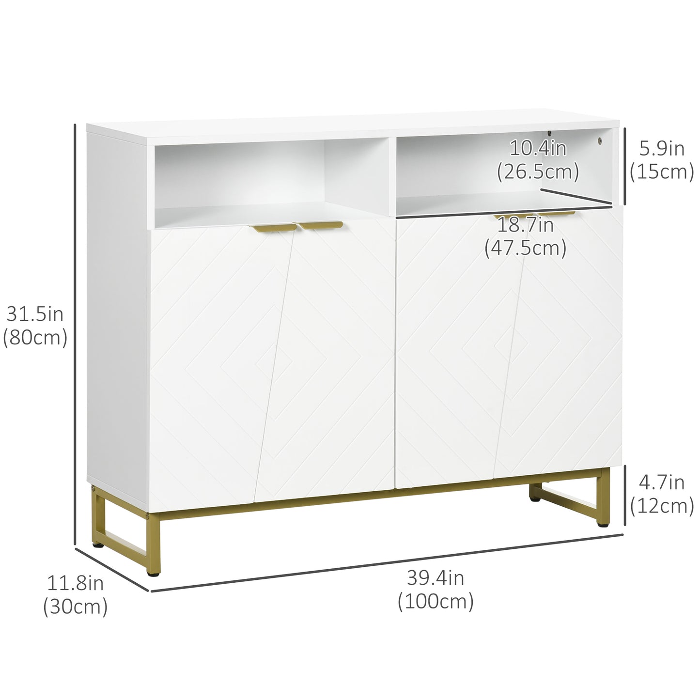 HOMCOM Accent Sideboards, Kitchen Storage Cabinet with 4 Doors, Adjustable Shelves, Metal Base for Living Room, Hallway, White